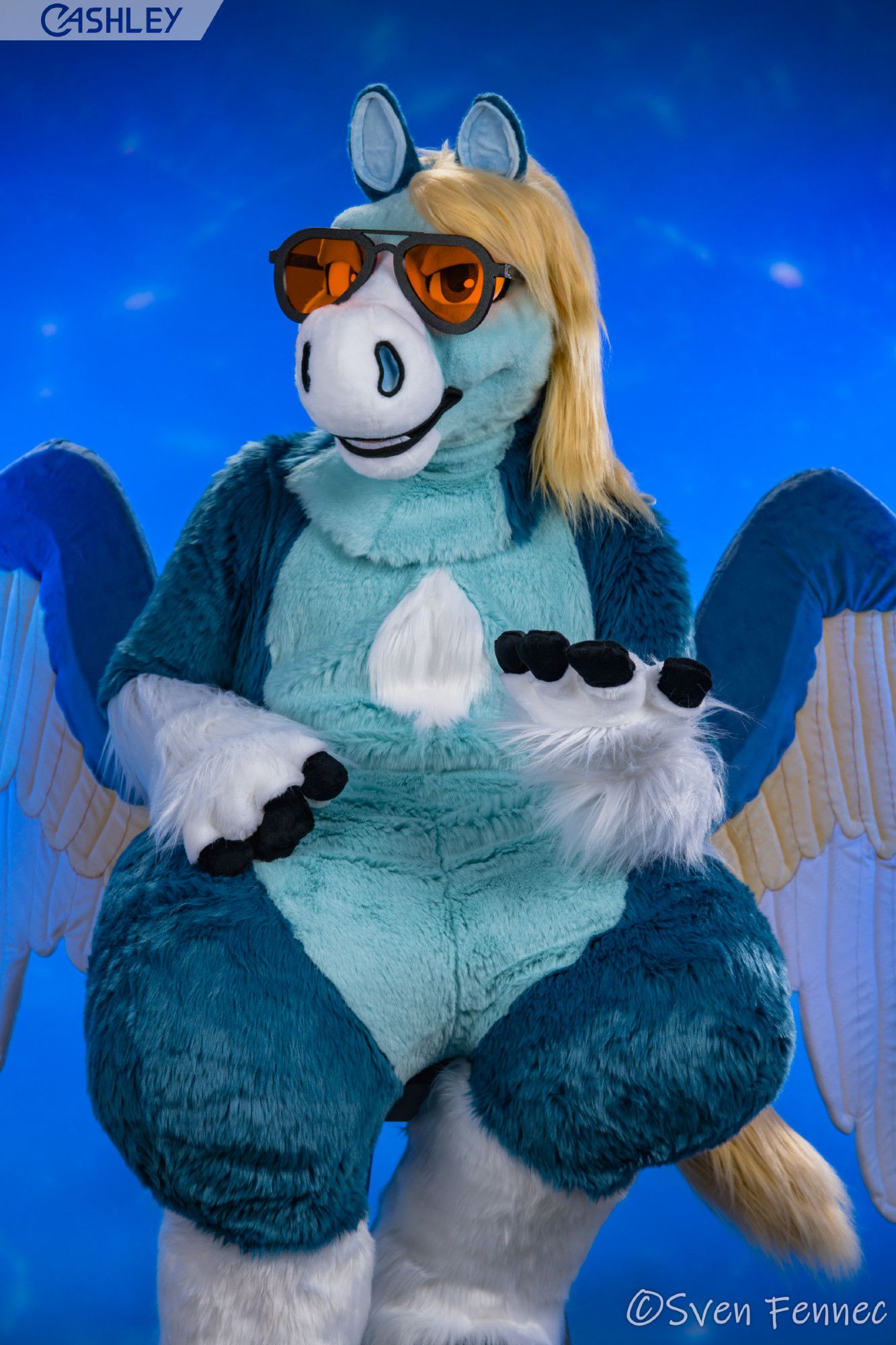 A studio photograph of a blue pegasus fursuiter with big wings sitting on a stool in front of a constellation backdrop. He's wearing orange aviator sunglasses, his right arm is relaxed, and his left arm is slightly raised and upturned.