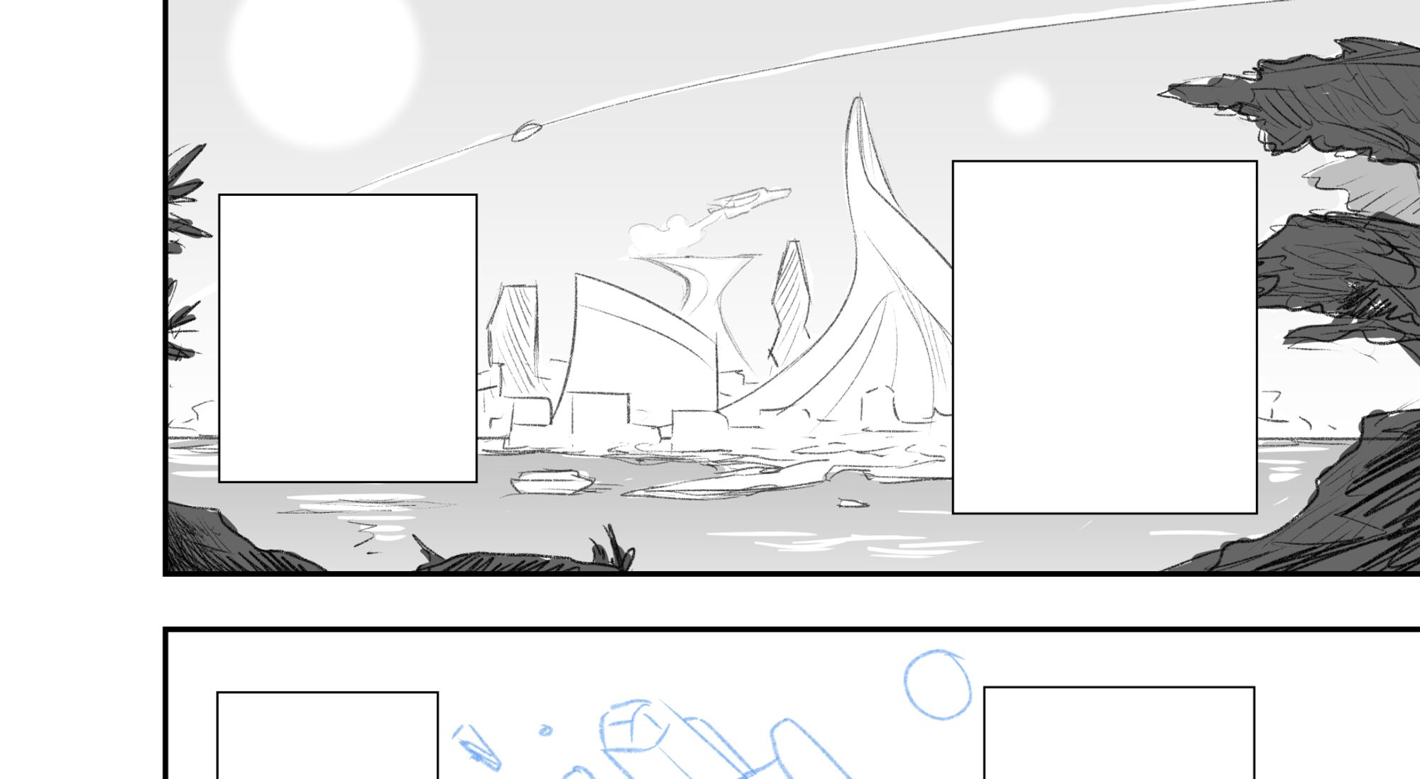 Manga page work in progress. Black and white panel shows a rough sketch of a futuristic city panorama.