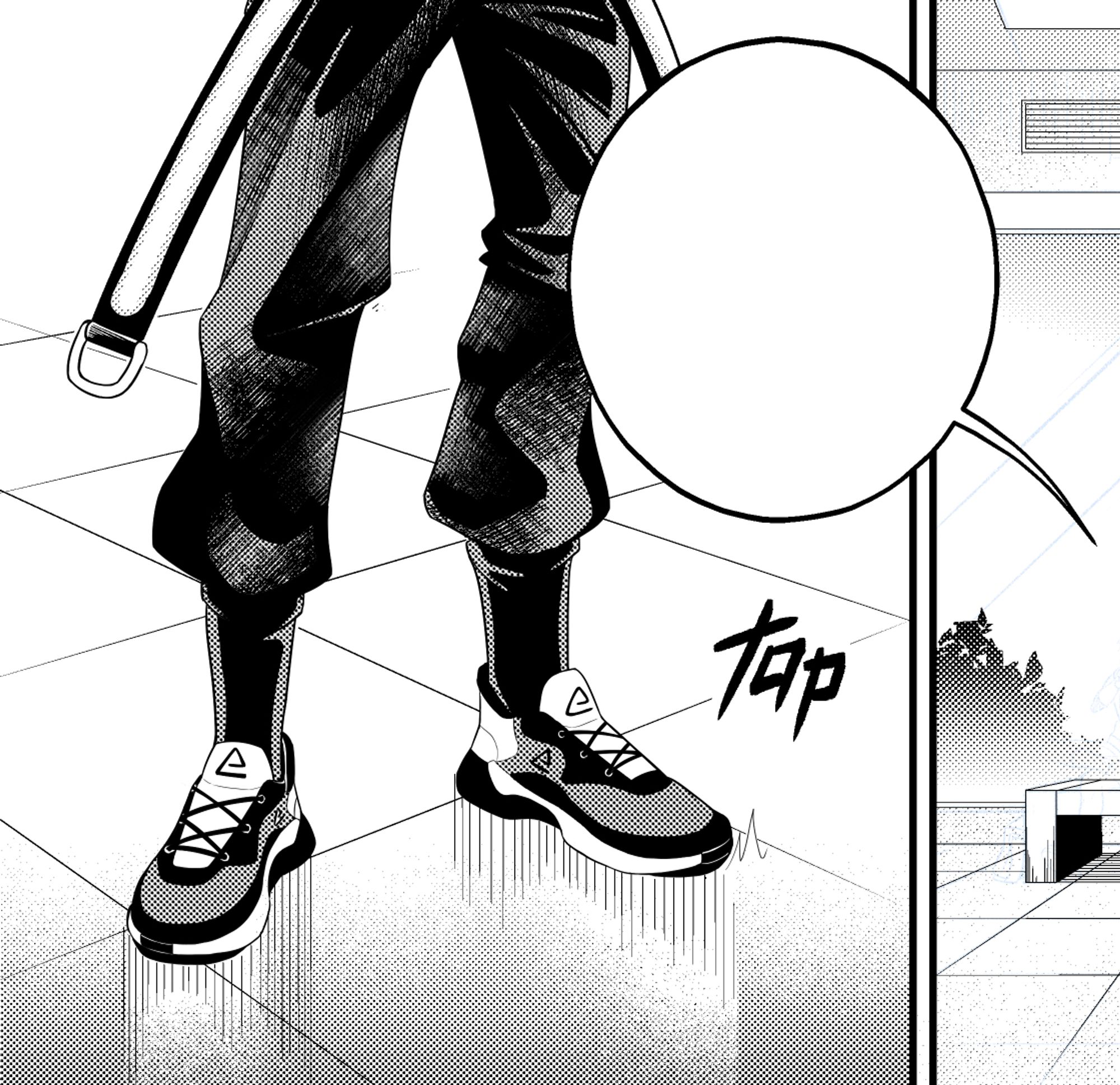 Black and white manga panel. It shows the character from the hip down wards. The character is wearing long black pants and running shoes.