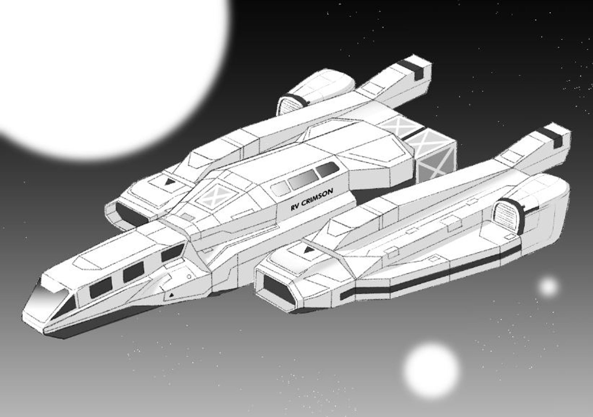 Black and white drawing of a space ship.