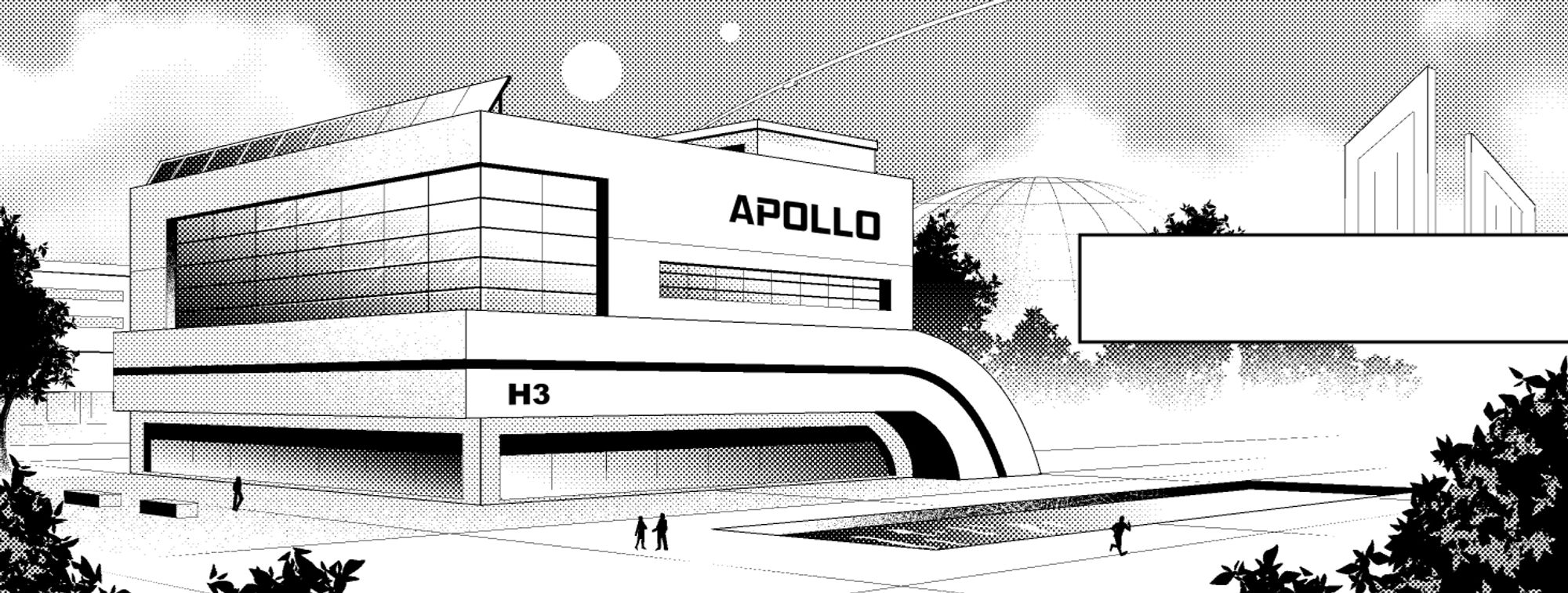 Black and white manga panel with a futuristic/modern building in the front and several buildings and trees in the back.