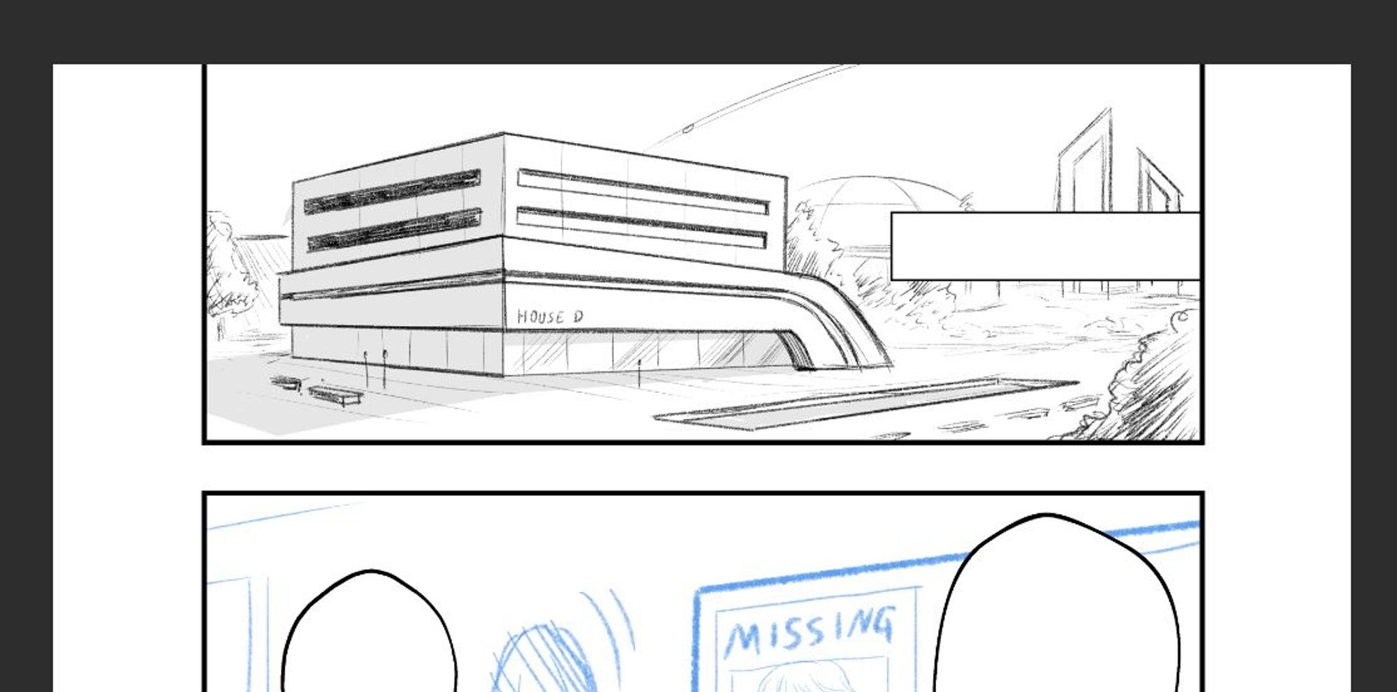 Work in progress of a manga page. The first panel shows a rough sketch of a modern building.