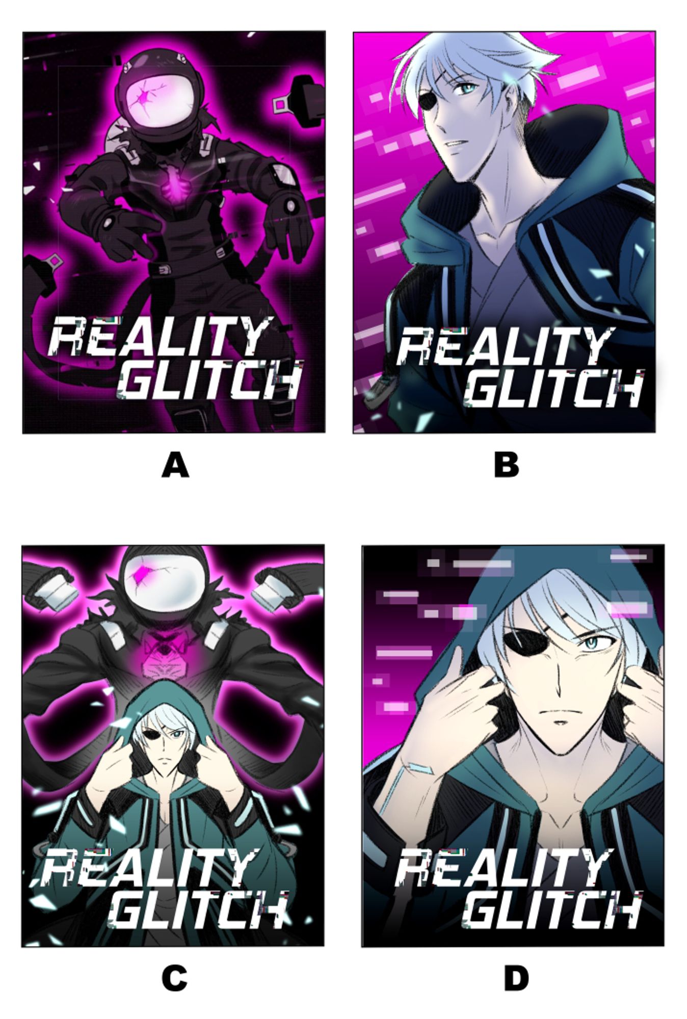 Four drafts for a manga cover. The title is "Reality Glitch". Each cover shows a character from the manga. The colors are mainly black, magenta and petrol/green.