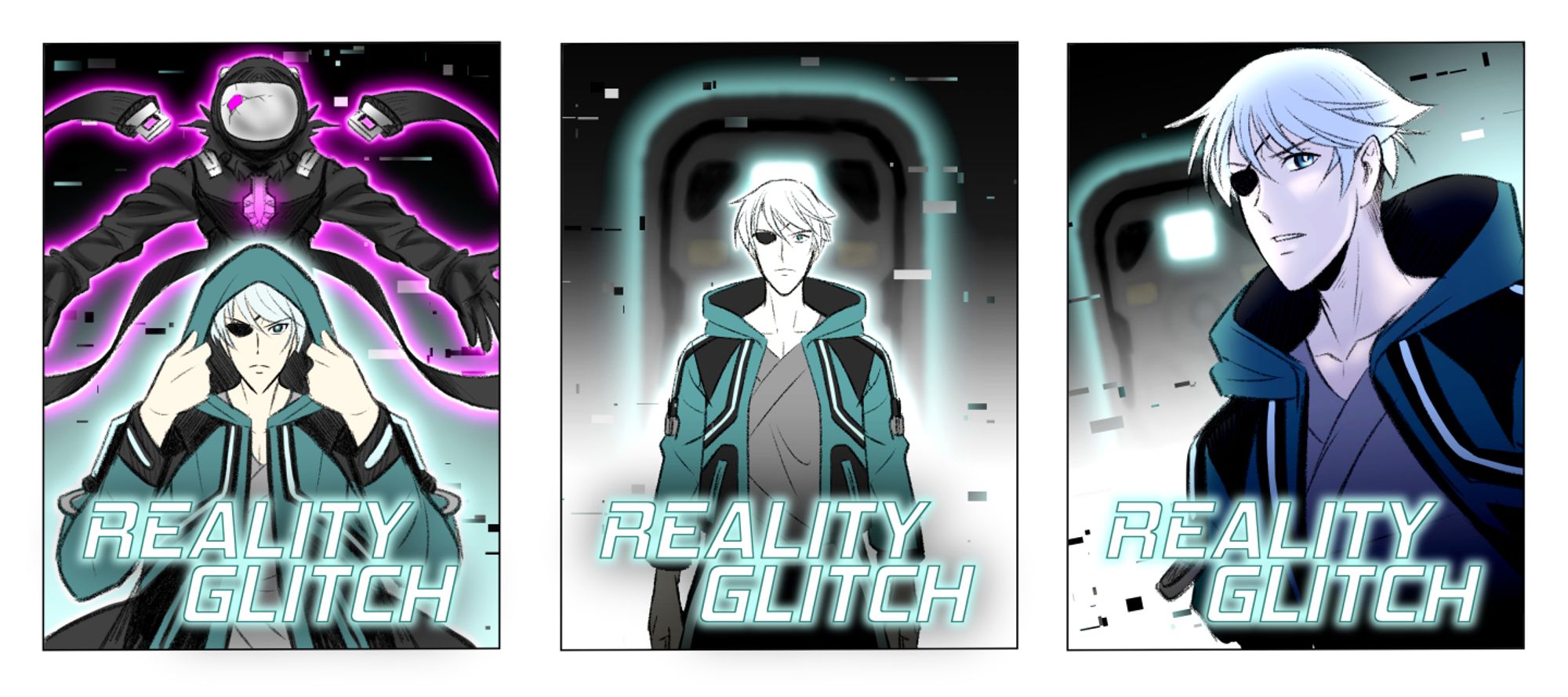 3 drafts for a manga cover. The title is "Reality Glitch". Each cover shows the main character.