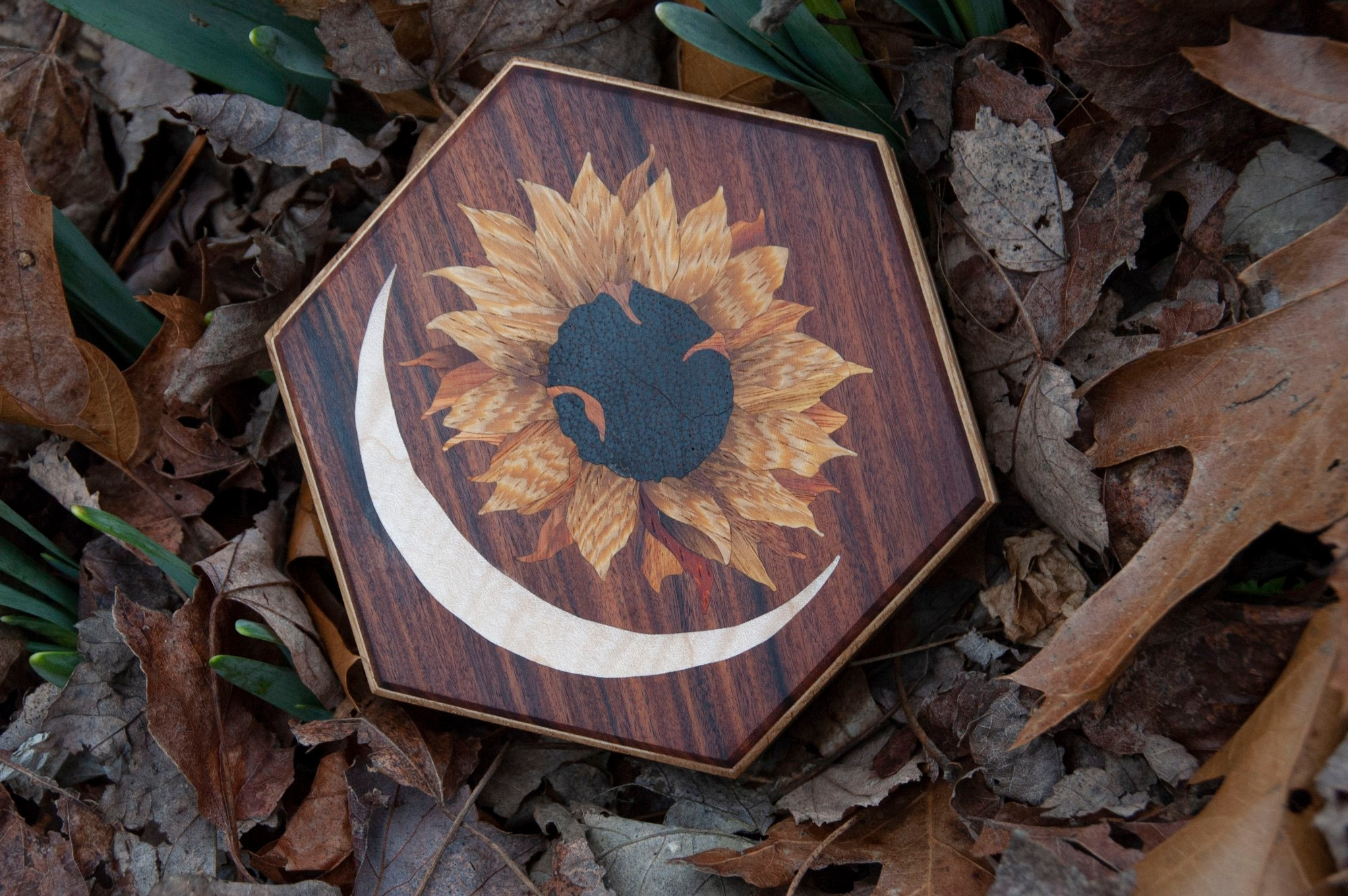 Hexagonal dicebox with marquetry sunflower and crescent moon 