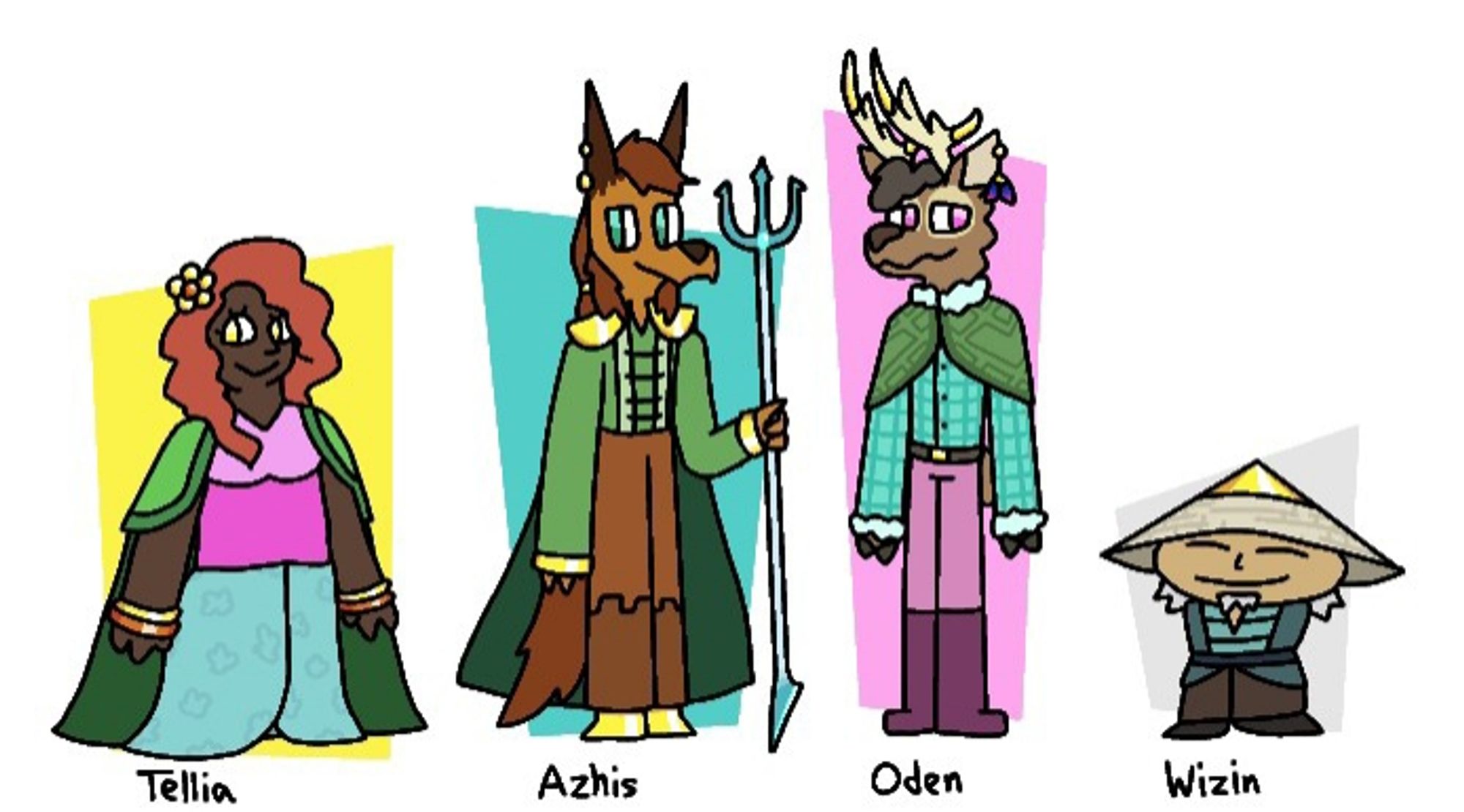 CHARACTERS FROM LEFT TO RIGHT:

Tellia: Short black human woman with large curly orange hair adorned with draping patterned clothes, and gold accessories (like all the characters) the tailor.

Azhis: Tall anthropomorphic coyote man with orange fur and large ears, a short ponytail and wearing regal clothes as well as a cape, the emperor.

Oden: Anthropomorphic Elk man with curly short hair and light brown fur, with golden tips to his antlers, wearing patterned winter-esque clothes with floofy bits, the emperor's love.

Wizin: Very short dwarf (kinda) man with light gray hair, thin eyes and no arms, wears an oriental straw hat with a gold top, the cook.