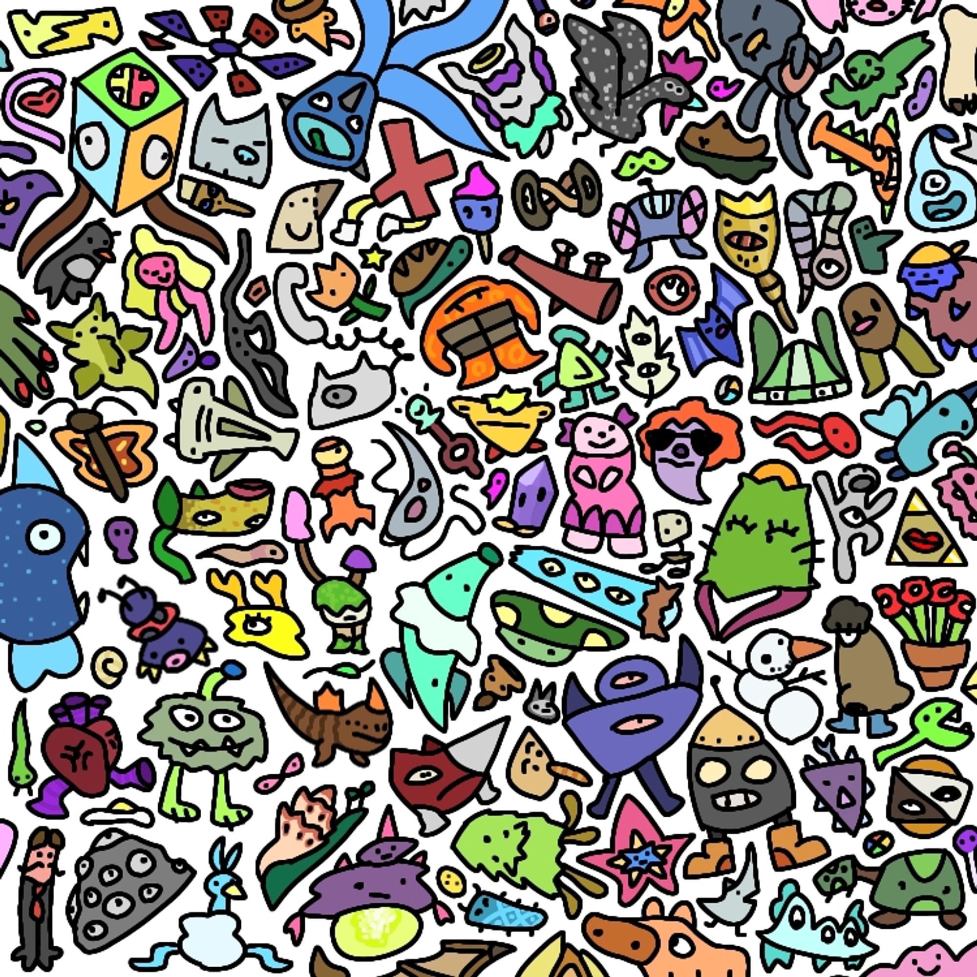 A bunch of silly doodles of weird and wacky creatures that fill up the whole screen, there are too many to describe individually sorry