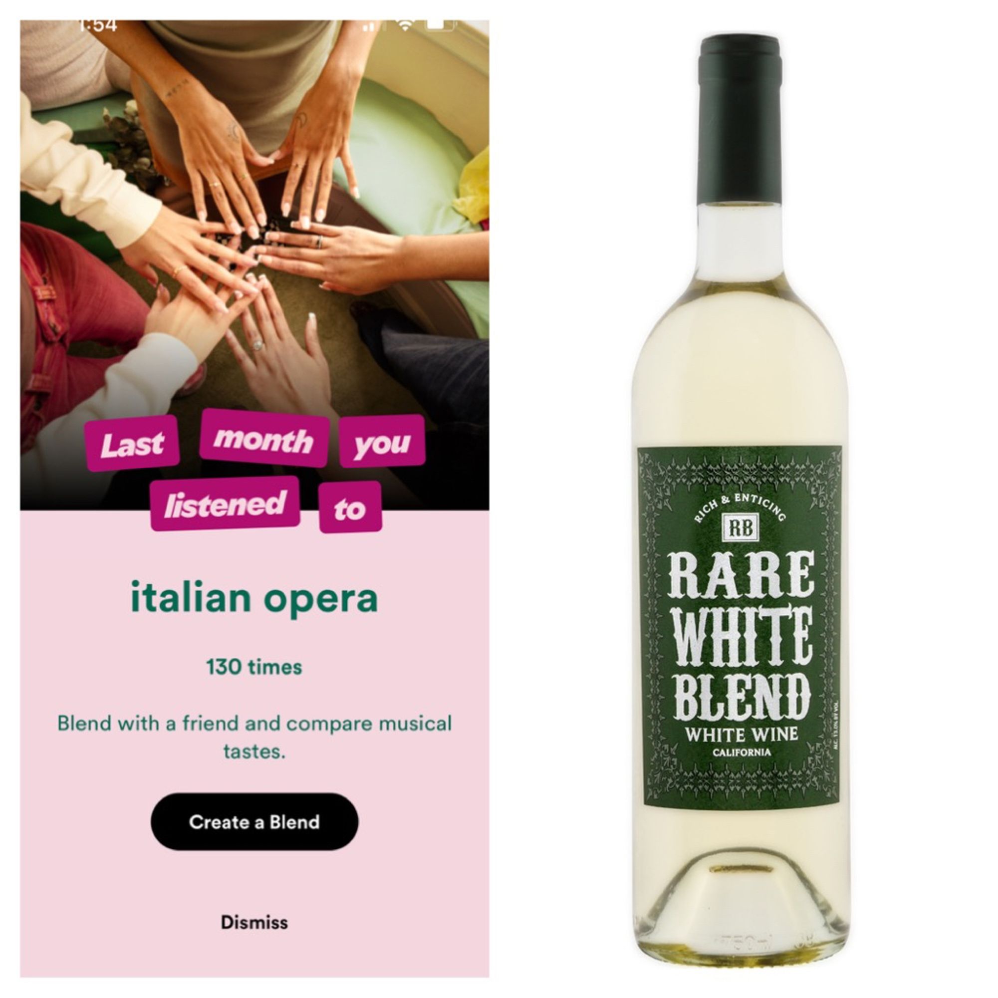 Spotify in-app promotion for “Blend” feature showing five white women’s hands, juxtaposed with white wine bottle labeled “Rare White Blend”