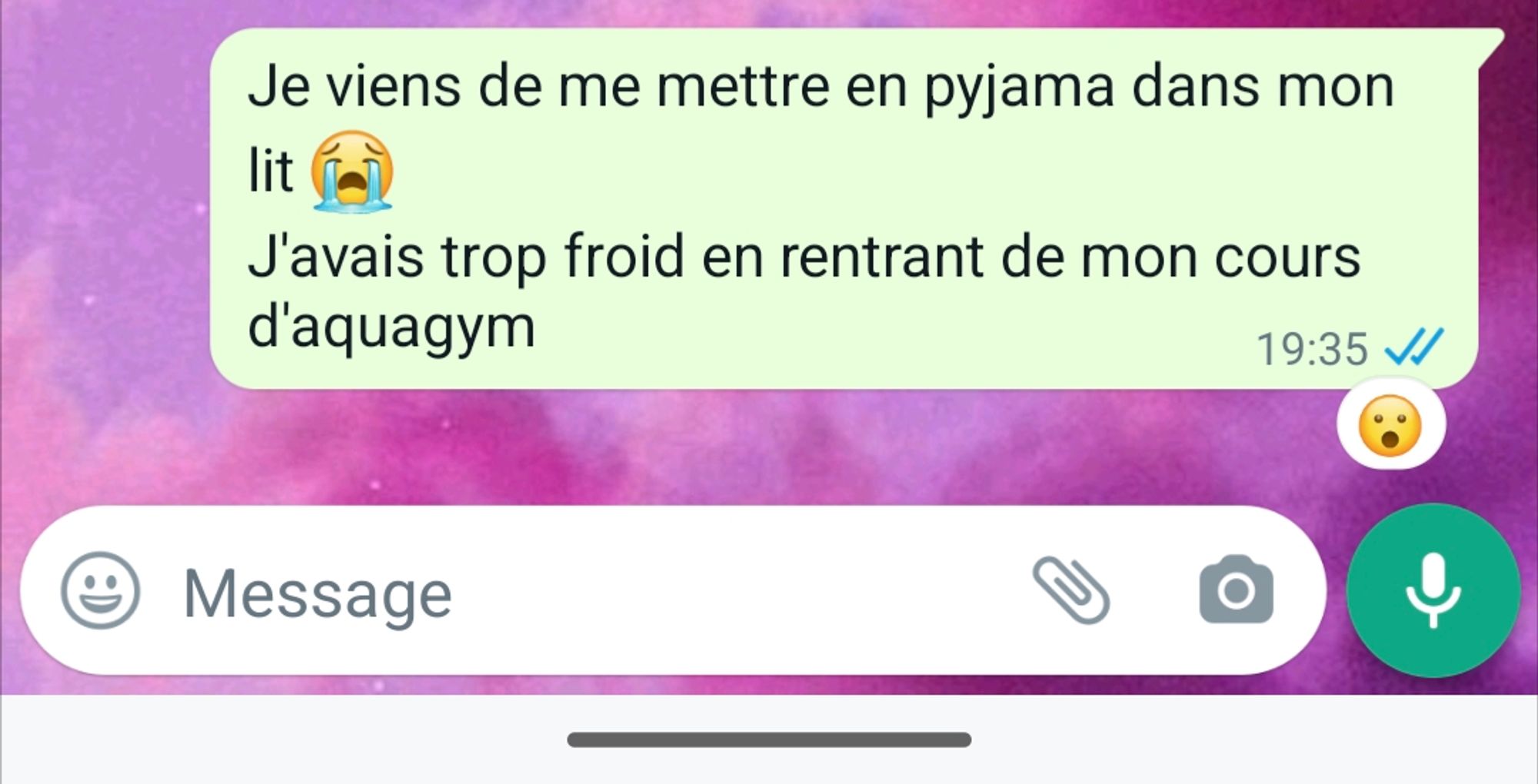 Screenshot d'un message WhatsApp où j'explique pourquoi je ne peux pas sortir