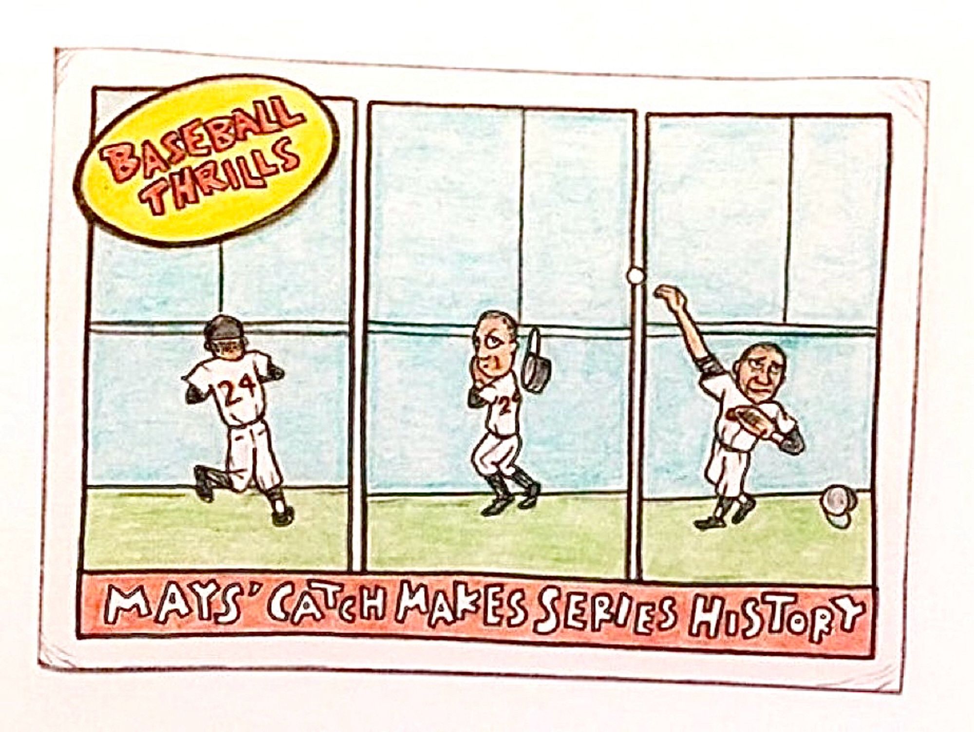 Colored-pencil card drawing of Willie Mays making “the Catch”