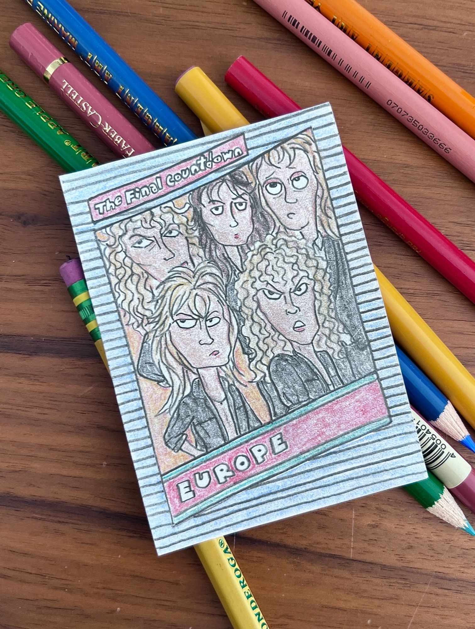 Colored-pencil card drawing of the band Europe