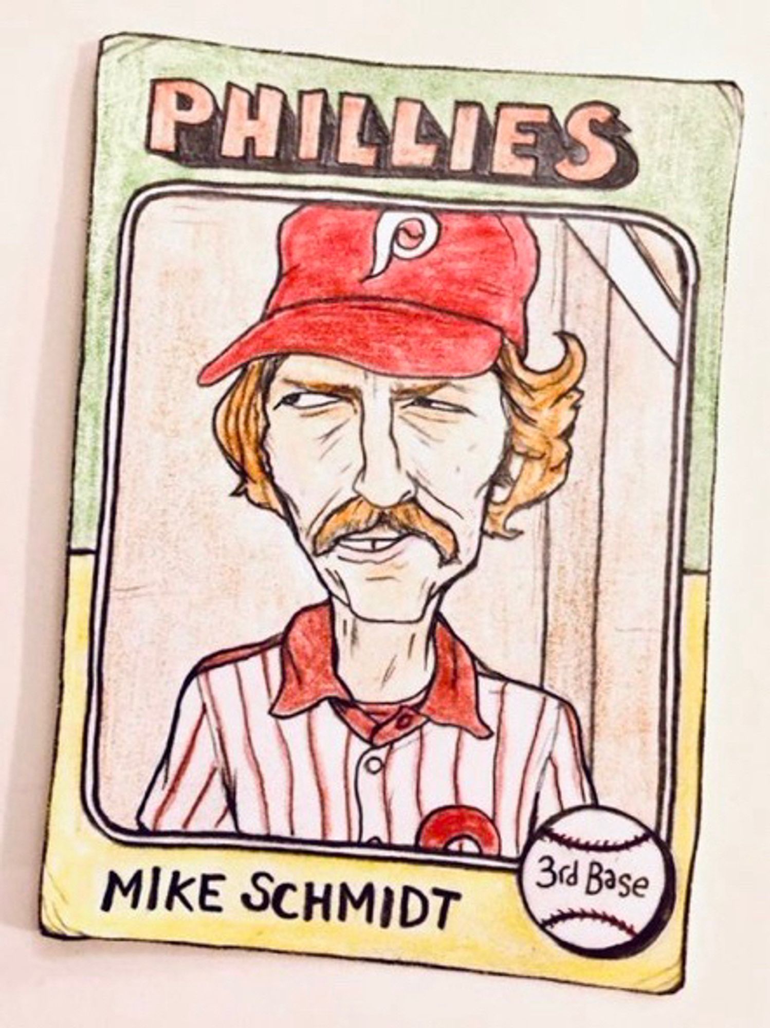 Colored-pencil card drawing of Mike Schmidt