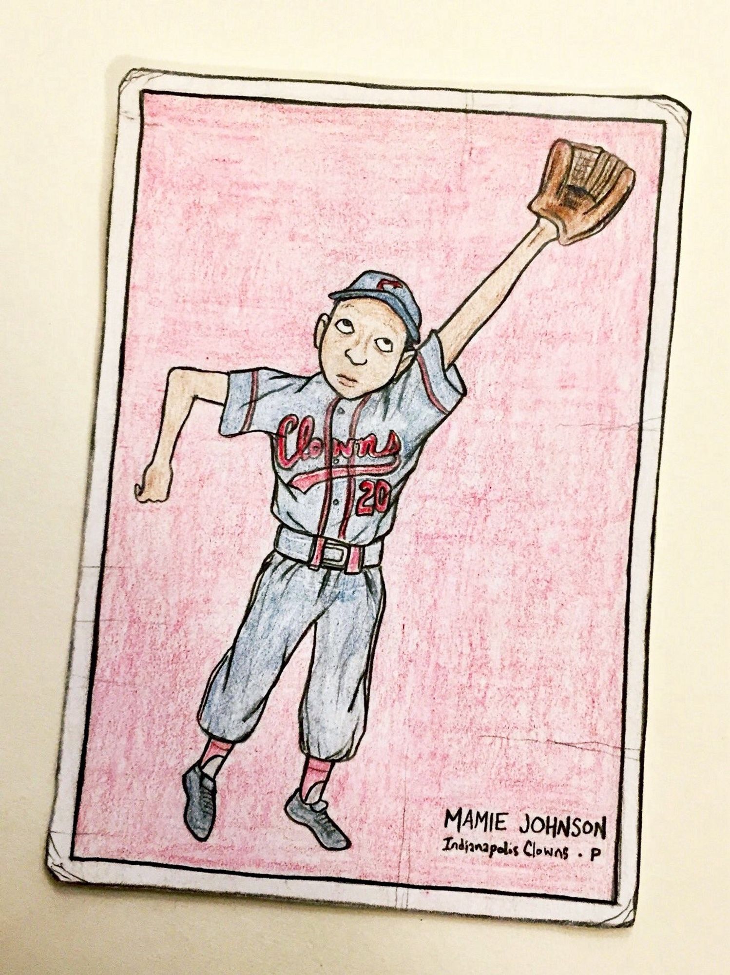 Colored-pencil card drawing of Mamie Johnson