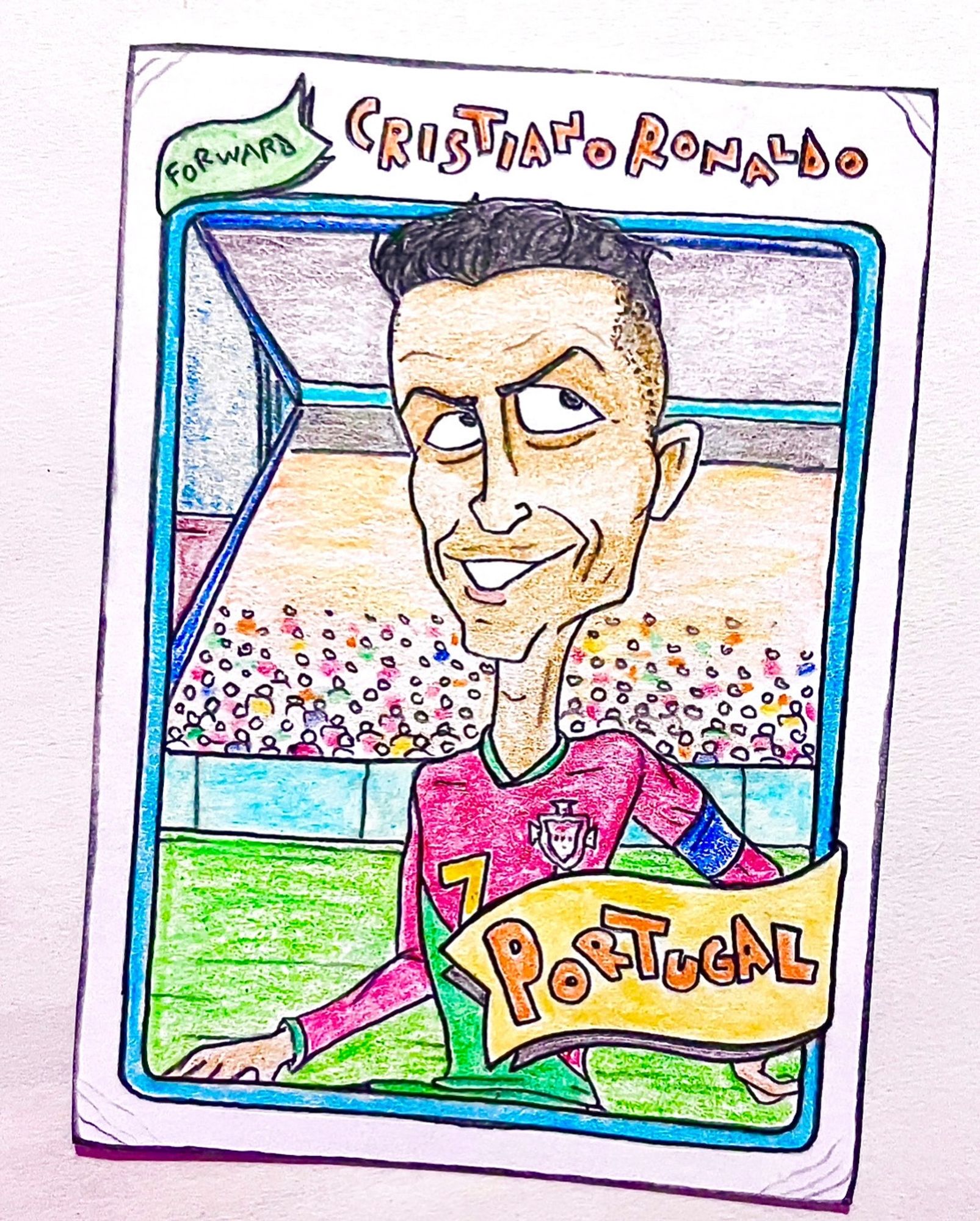 Colored-pencil card drawing of Cristiano Ronaldo