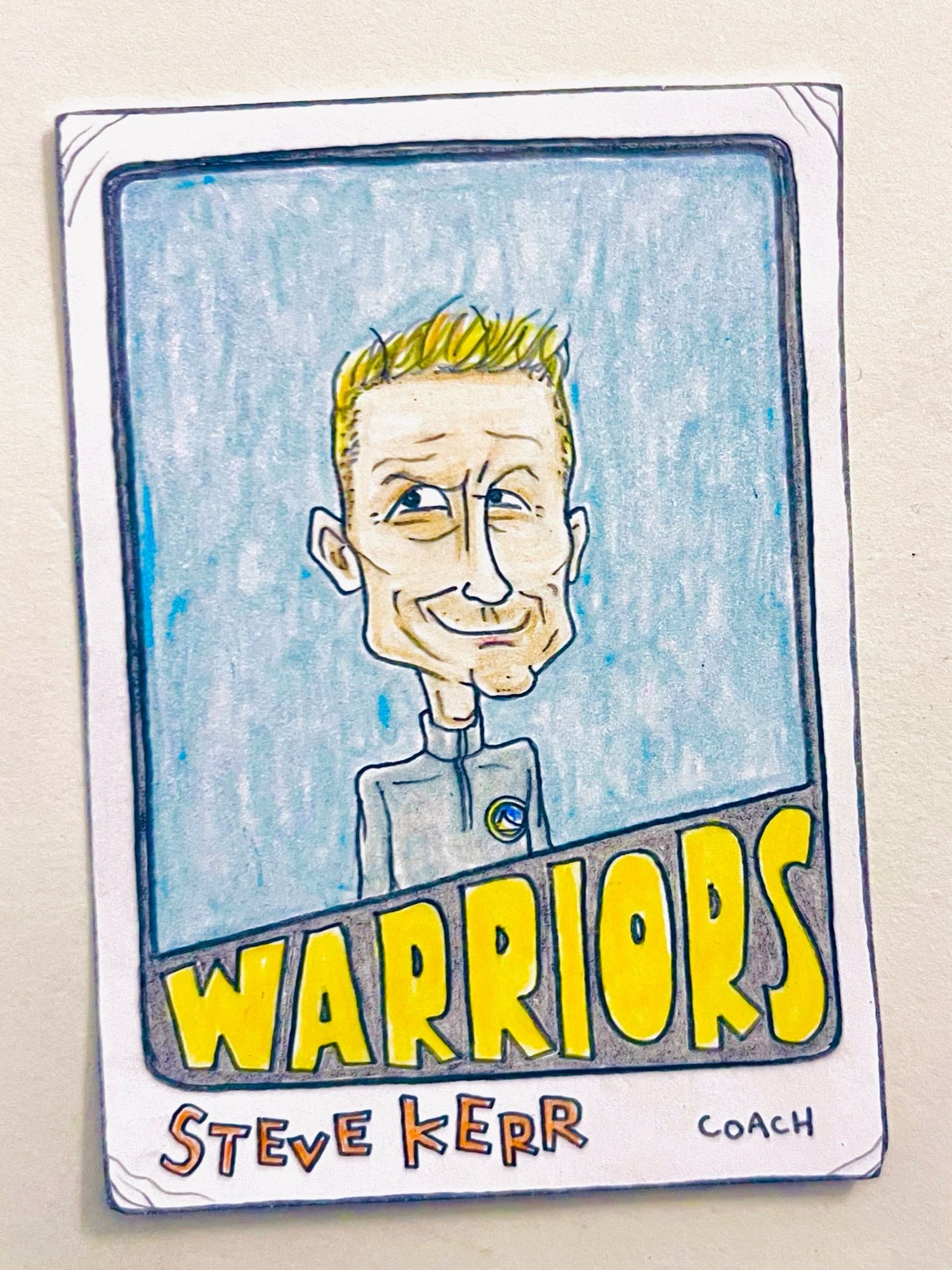 Colored-pencil card drawing of Steve Kerr