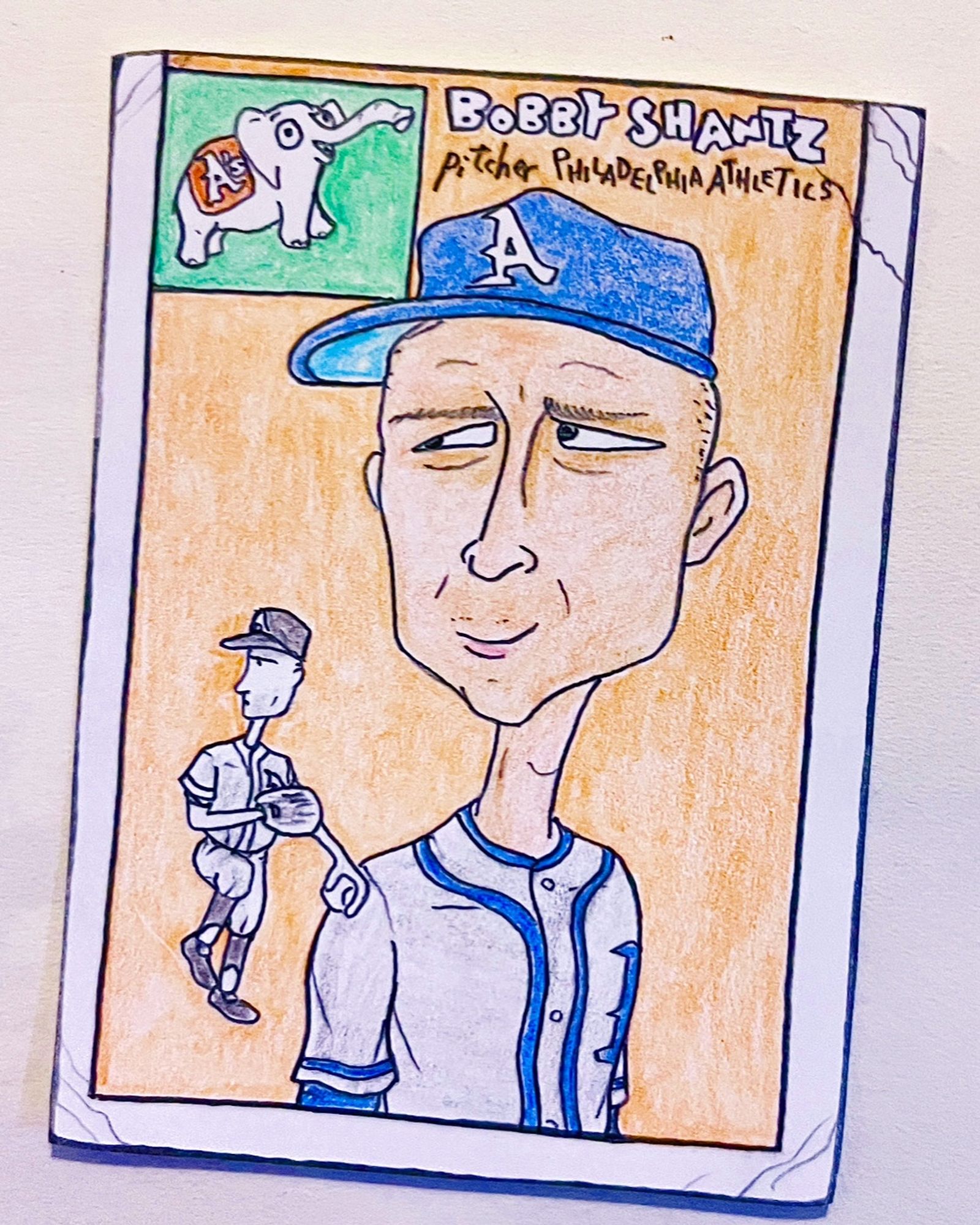 Colored-pencil card drawing of Bobby Shantz