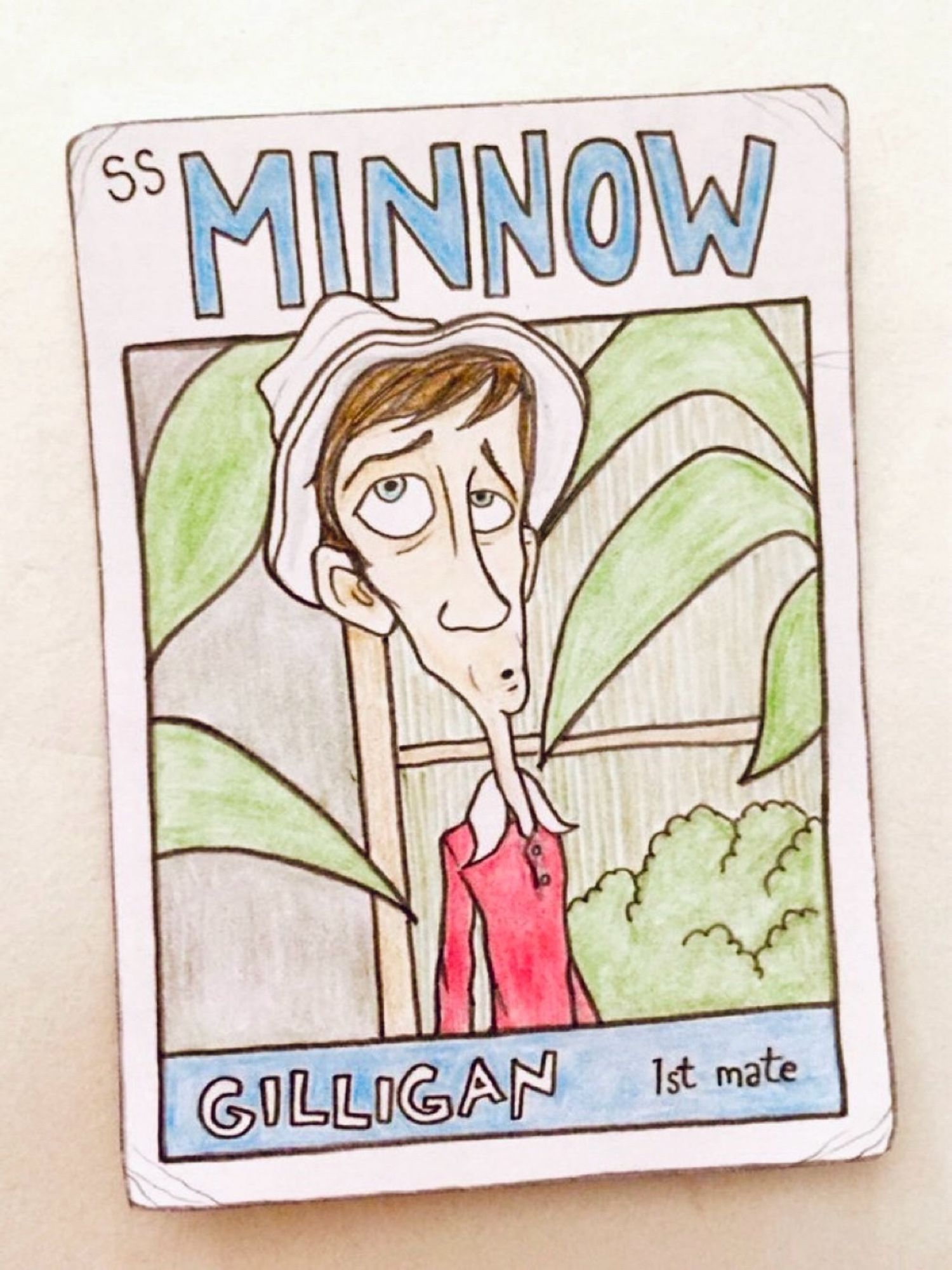 Colored-pencil card drawing of Gilligan