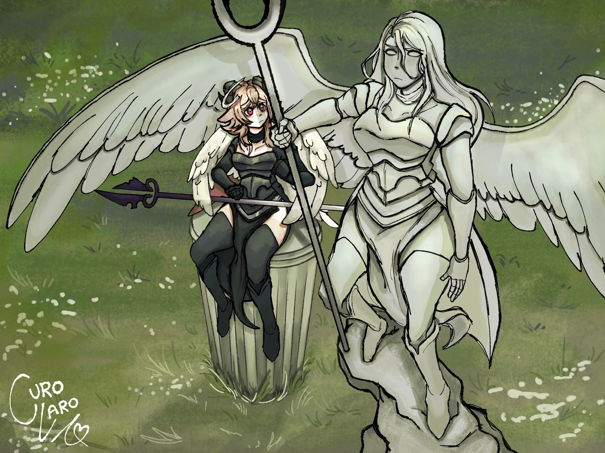 Mournful/sad fallen angel (vtuber) by Avacyn's statue/memorial, dressing up in the same clothes as her and holding her broken spear. #Avacyn #Vtuber #FallenAngel #Fallen #Angel #Magicthegathering #mtgart #sorrow #Angelart #imissher