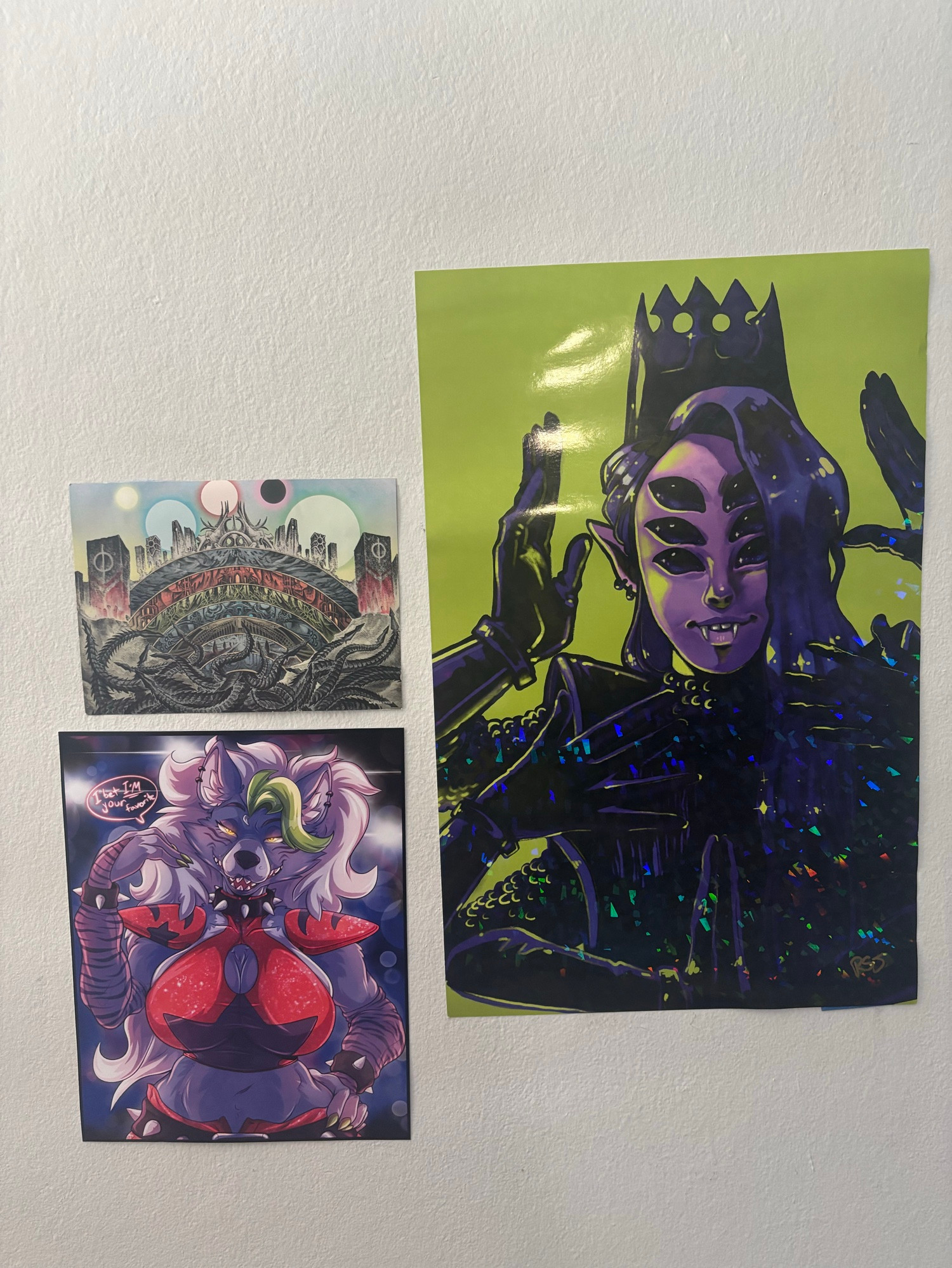 A couple of prints on Em’s wall. A Spider Queen, Roxy from FNAF and the map to Phyrexia