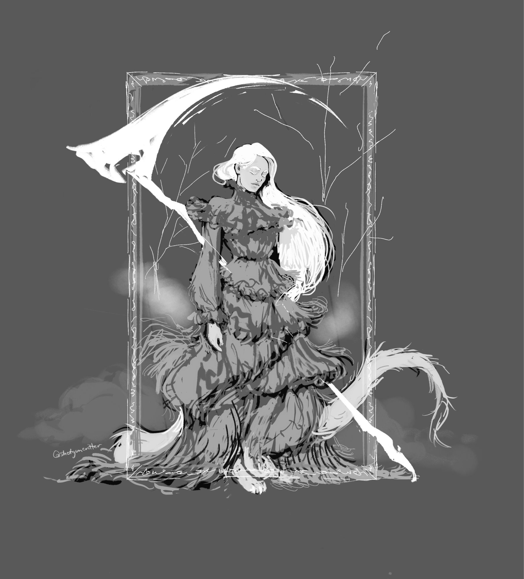 greyscale rough drawing of Priscilla from Dark Souls I standing facing right, solemn with eyes closed and her scythe behind her and its blade haloing her figure. her tail curls casually behind her and she is framed by a picture frame and branches