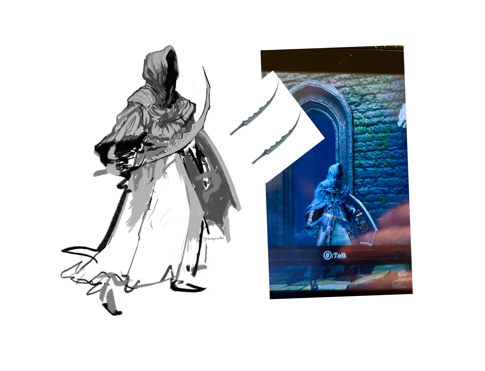 photo of my dark souls character in a cloak with a sword and shield next to loose black and white sketch of them