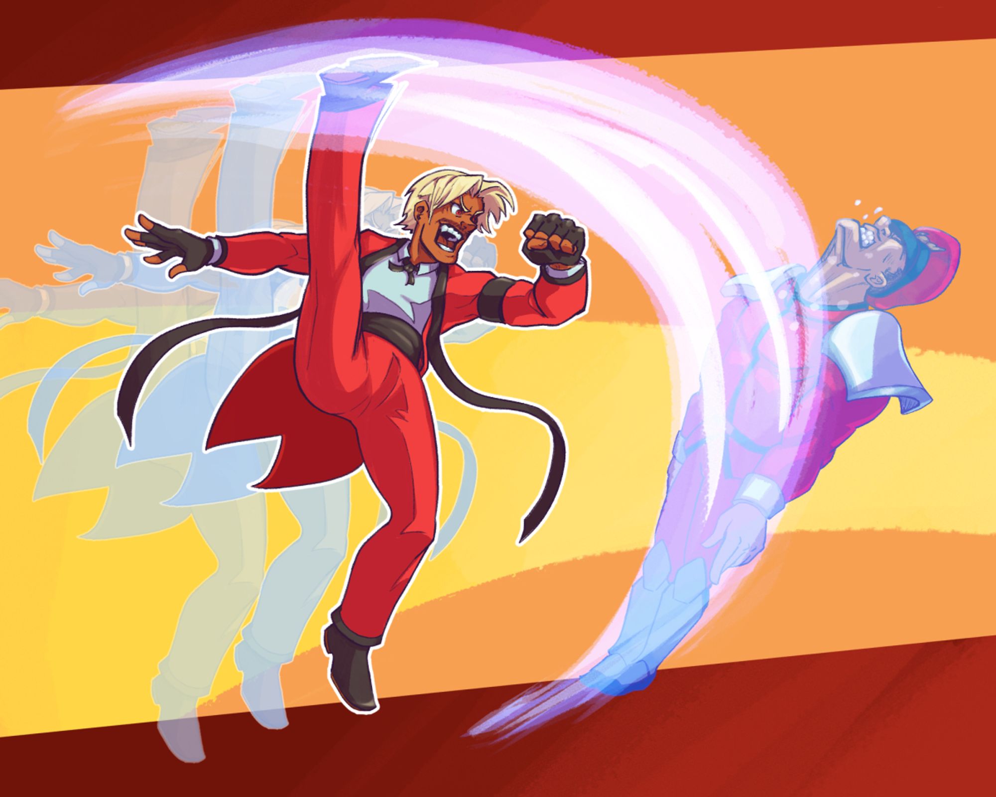 Rugal using "Genocide Cutter" Special move against M. Bison, CvS style. Fanart.