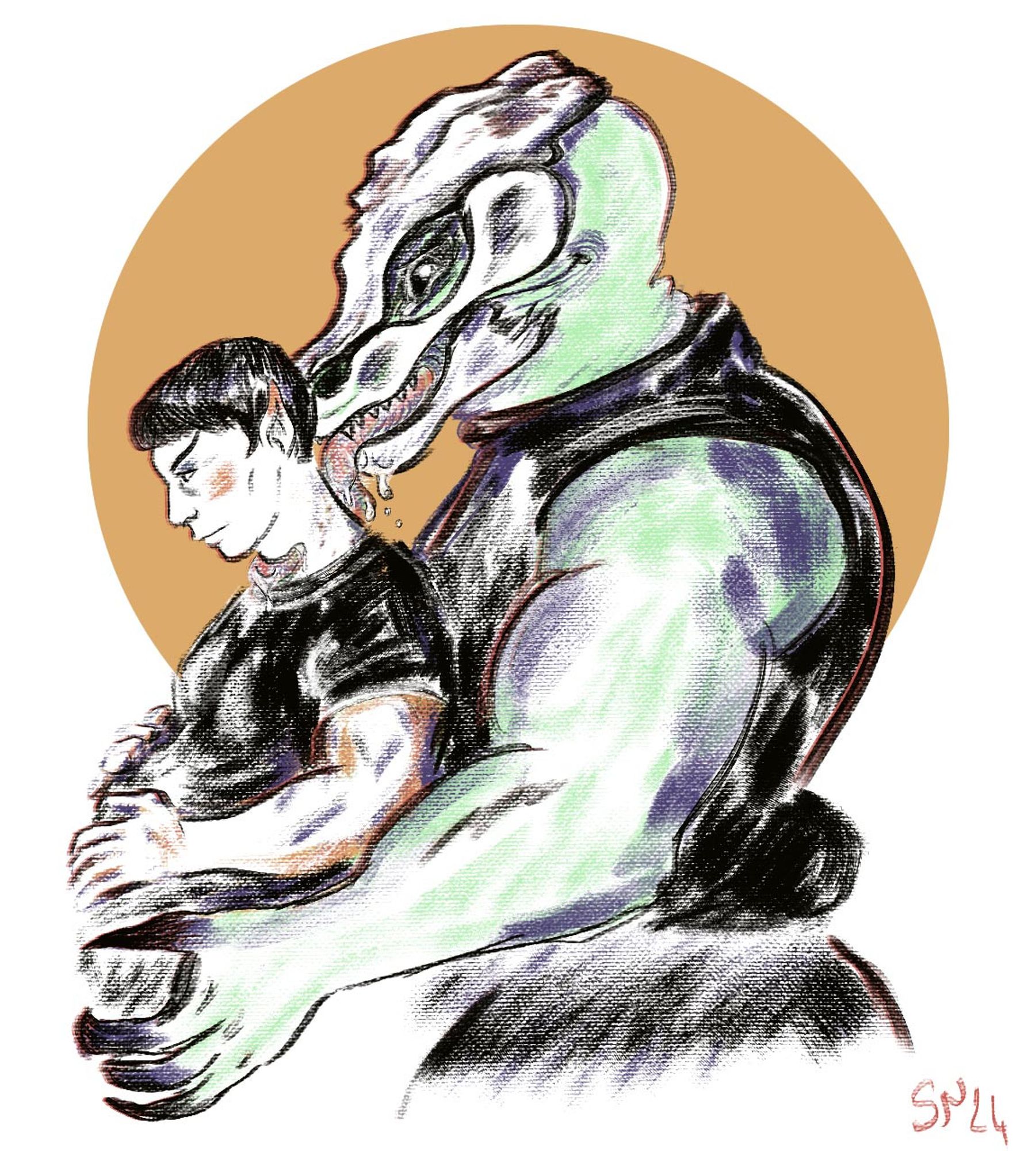 Digital drawing of Spock from Star Trek, in profile and in a black t-shirt. He's blushing, pregnant, his hands on his round belly, behind him, the gorn captain in a black tank top embrace's his body, smiling, his long tongue circling Spock's neck.