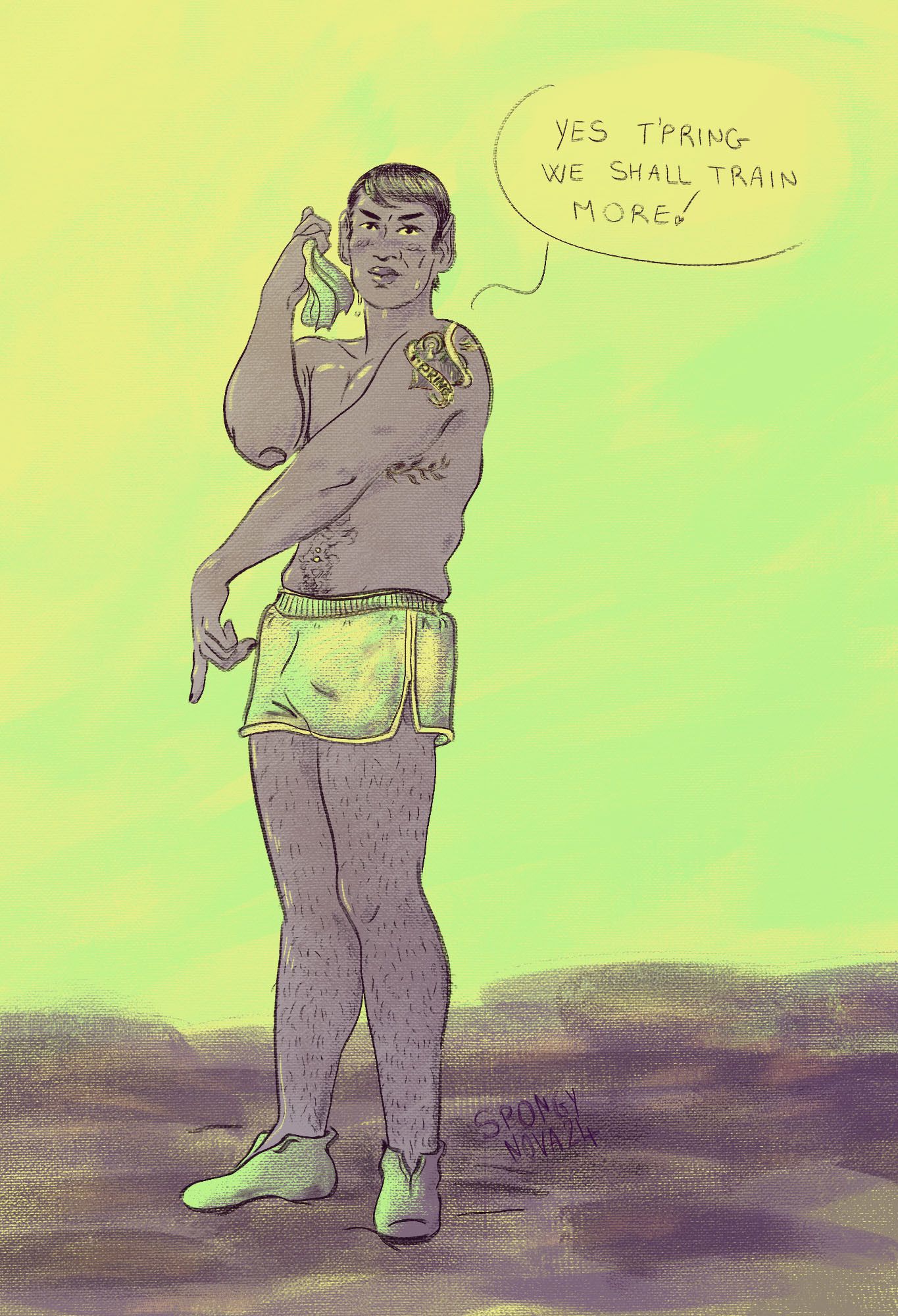 Digital sketch of Stonn from star trek in purple, yellow and green tones, he's naked but a tiny short, sweating, a tattoo of a heart on his shoulder with T'Pring's name and the IDIC symbol on it, another tattoo of leaves under his pectoral and he also has a navel piercing. Looking in front of him he says' Yes T'pring we shall train more!'