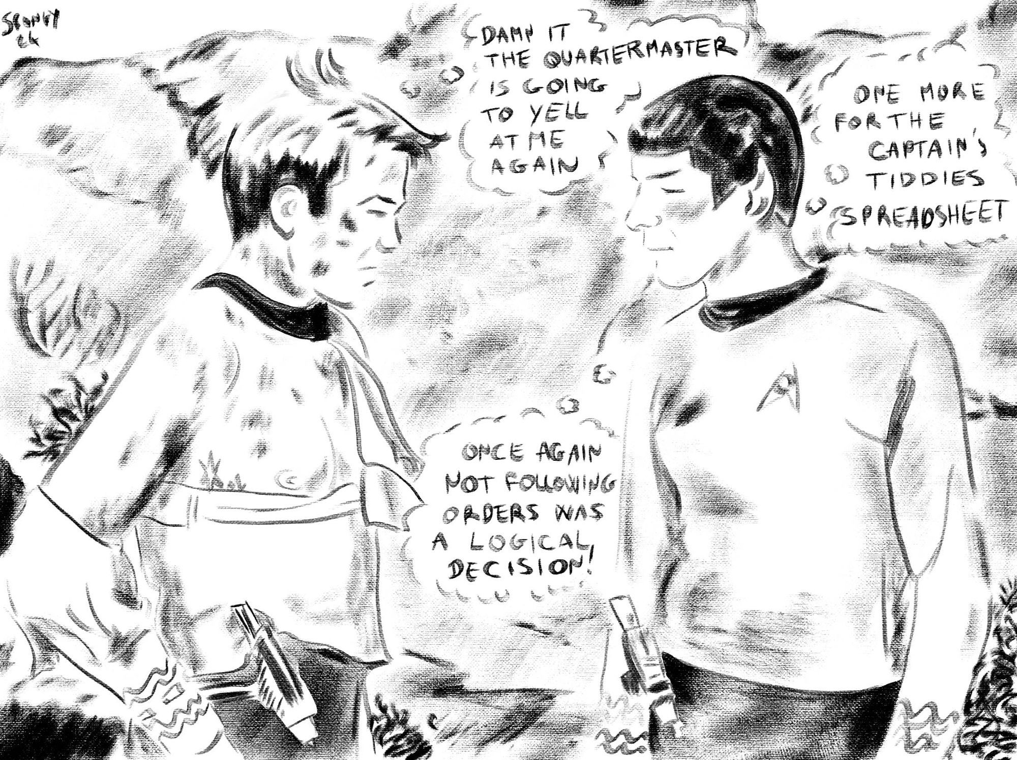 Digital sketch of the episode Shore Leave from Star Trek TOS in black and white with a textured brush. Jim is looking down, beaten, his shirt ripped, thinking, 'Damn it the quarter master is going to yell at me again'. Spock is in front of him, smug a slightly blushing, he thoughts, 'One more for the captain's tiddies spreadsheet', 'once again, not following orders was a logical decision'