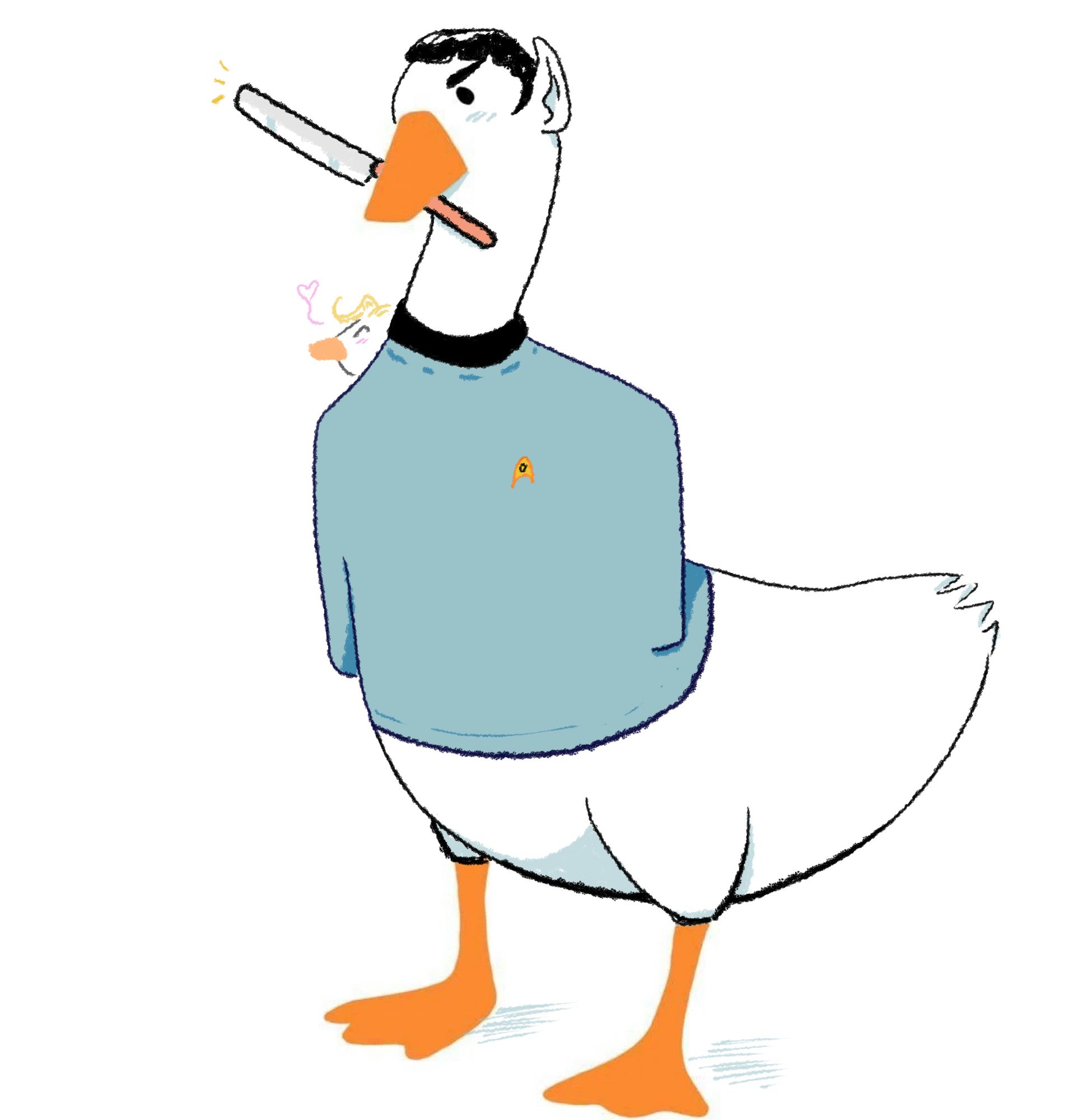 On a white background, meme redraw of a goose base (orange beak, black eye, little goose feet). Digitaly the body of the goose was added. It's a Spock goose in his blue uniform holding a knife in his beak, behind him is a little goose head, it's James T. Kirk, smiling with a little heart coming from his face.