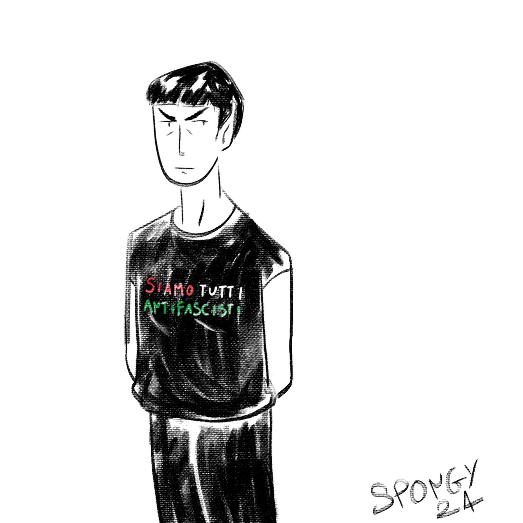 Digital drawing of Spock from Star Trek, wearing a black t-shirt saying 'siamo tutti antifasciti' in the colours of Palestine.