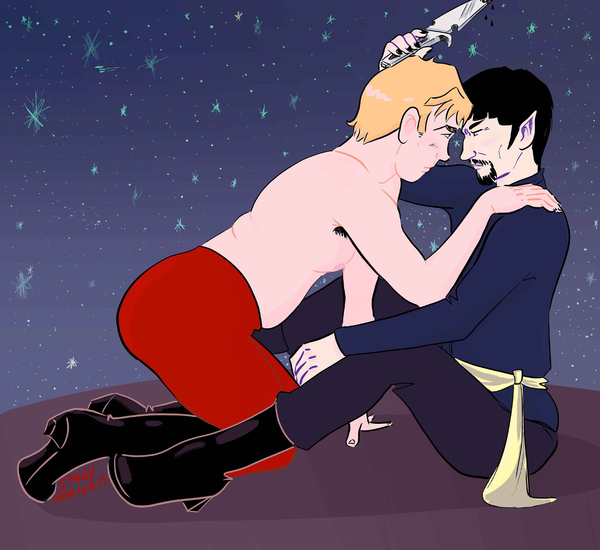 Digital drawing of mirror spock sat on the ground holding a knife and kirk crawling to him in his red leggings