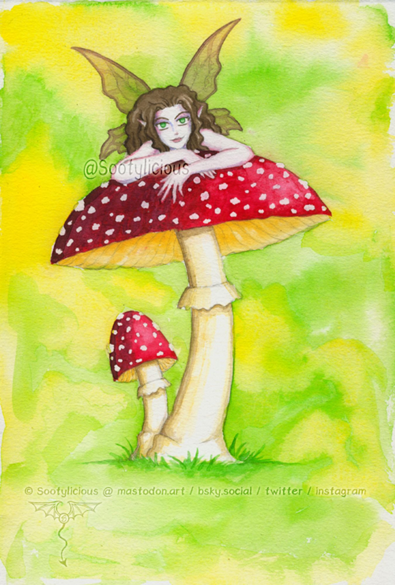 A watercolour painting of a smiling fairy with brown hair, on top of a red mushroom with white dots, on a bright green/yellow background.