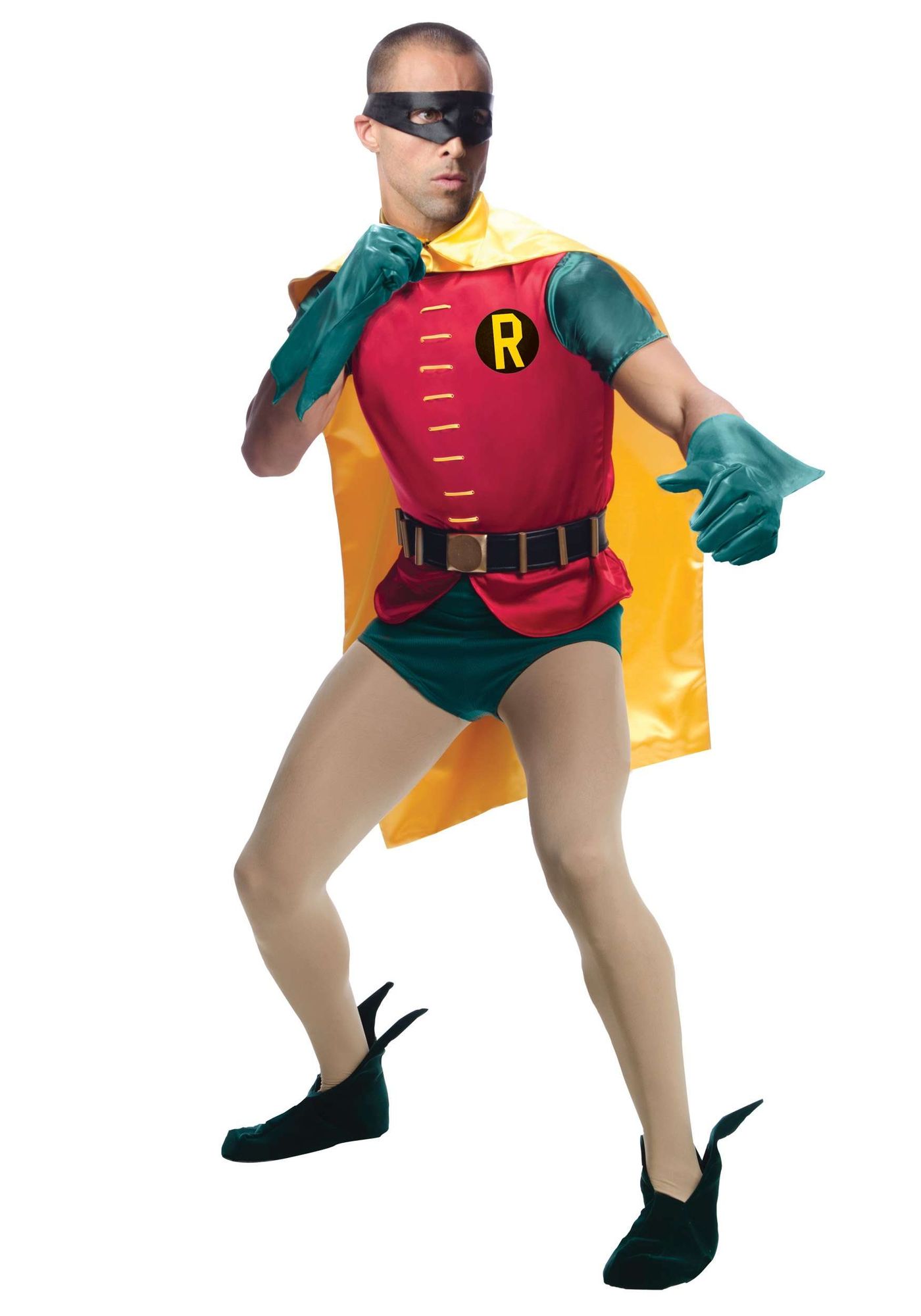 A Robin costume: red, yellow, green