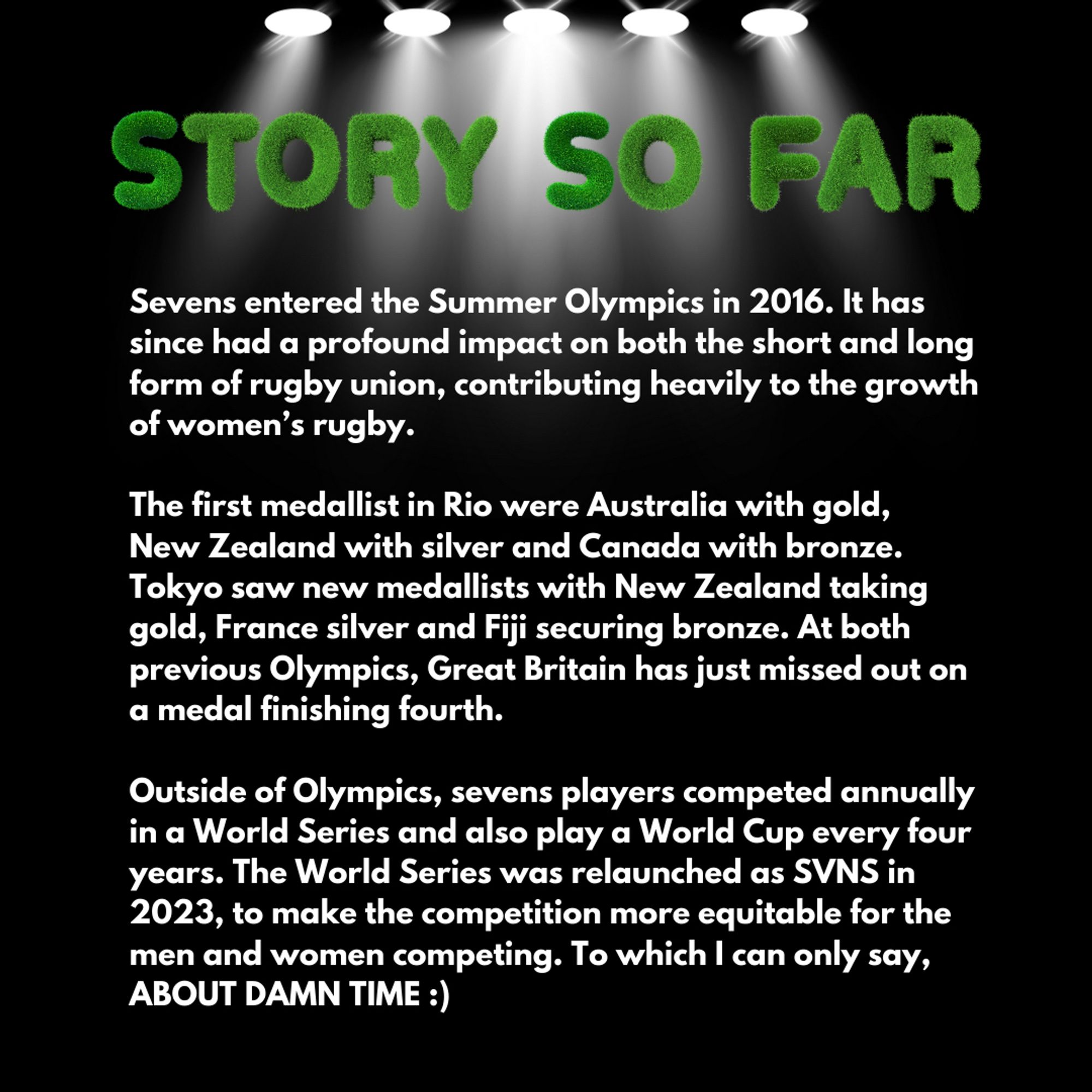 Sevens entered the Summer Olympics in 2016. It has since had a profound impact on both the short and long form of rugby union, contributing heavily to the growth of women's rugby.
The first medallist in Rio were Australia with gold, New Zealand with silver and Canada with bronze.
Tokyo saw new medallists with New Zealand taking gold, France silver and Fiji securing bronze. At both previous Olympics, Great Britain has just missed out on a medal finishing fourth.
Outside of Olympics, sevens players competed annually in a World Series and also play a World Cup every four years. The World Series was relaunched as SVNS in 2023, to make the competition more equitable for the men and women competing. To which I can only say,
ABOUT DAMN TIME :)