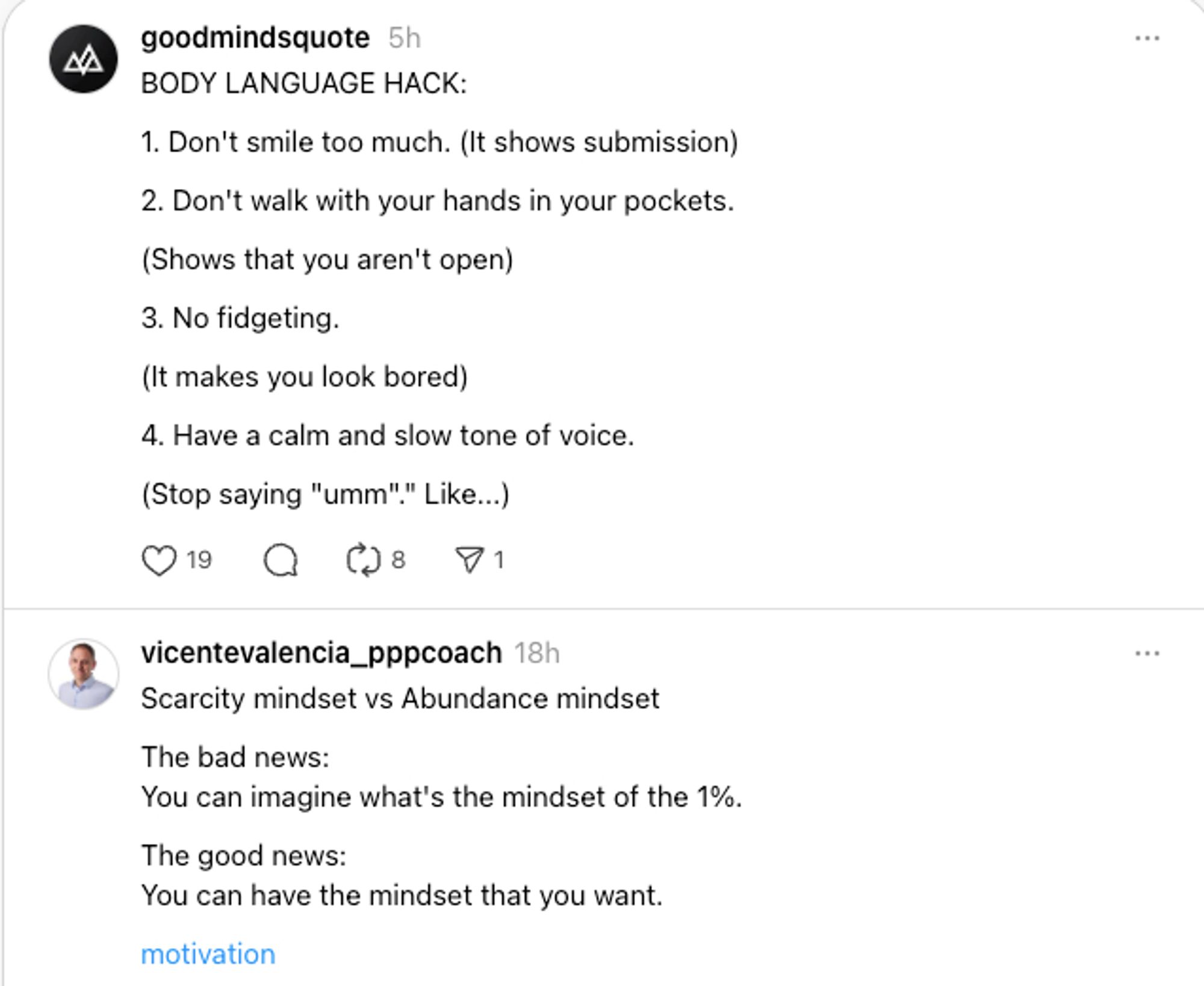 two threads posts on "body language hacks" and "scarcity vs. abundance mindsets"