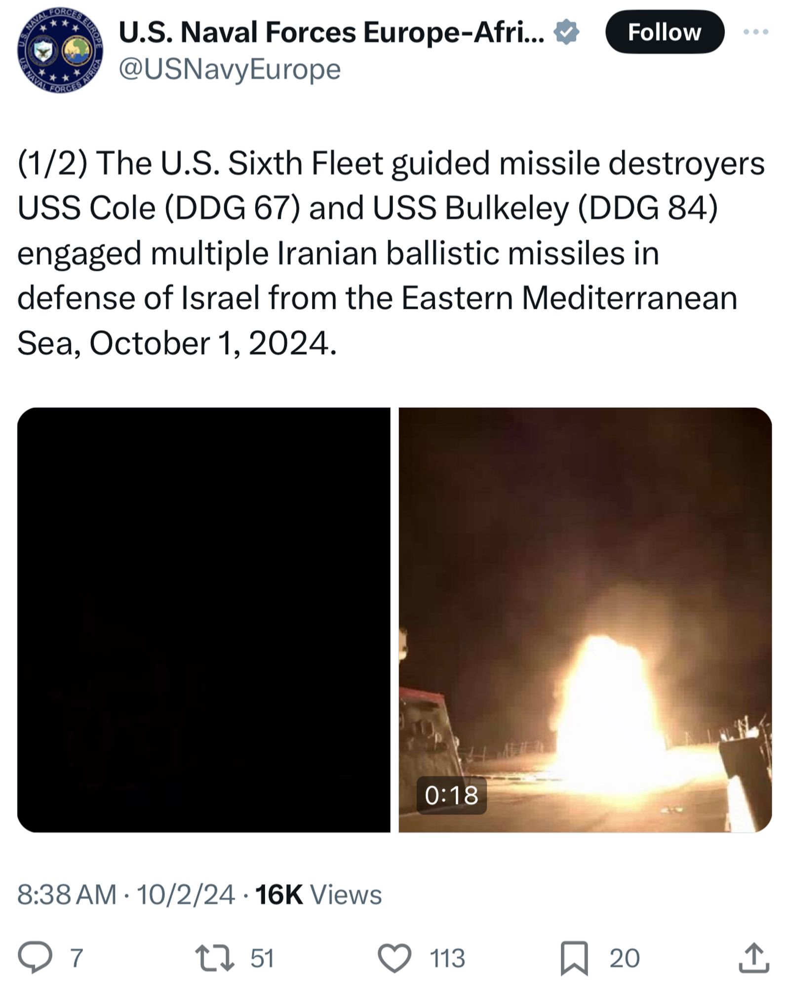 (1/2) The U.S. Sixth Fleet guided missile destroyers USS Cole (DDG 67) and USS Bulkeley (DDG 84) engaged multiple Iranian ballistic missiles in defense of Israel from the Eastern Mediterranean
Sea, October 1, 2024.