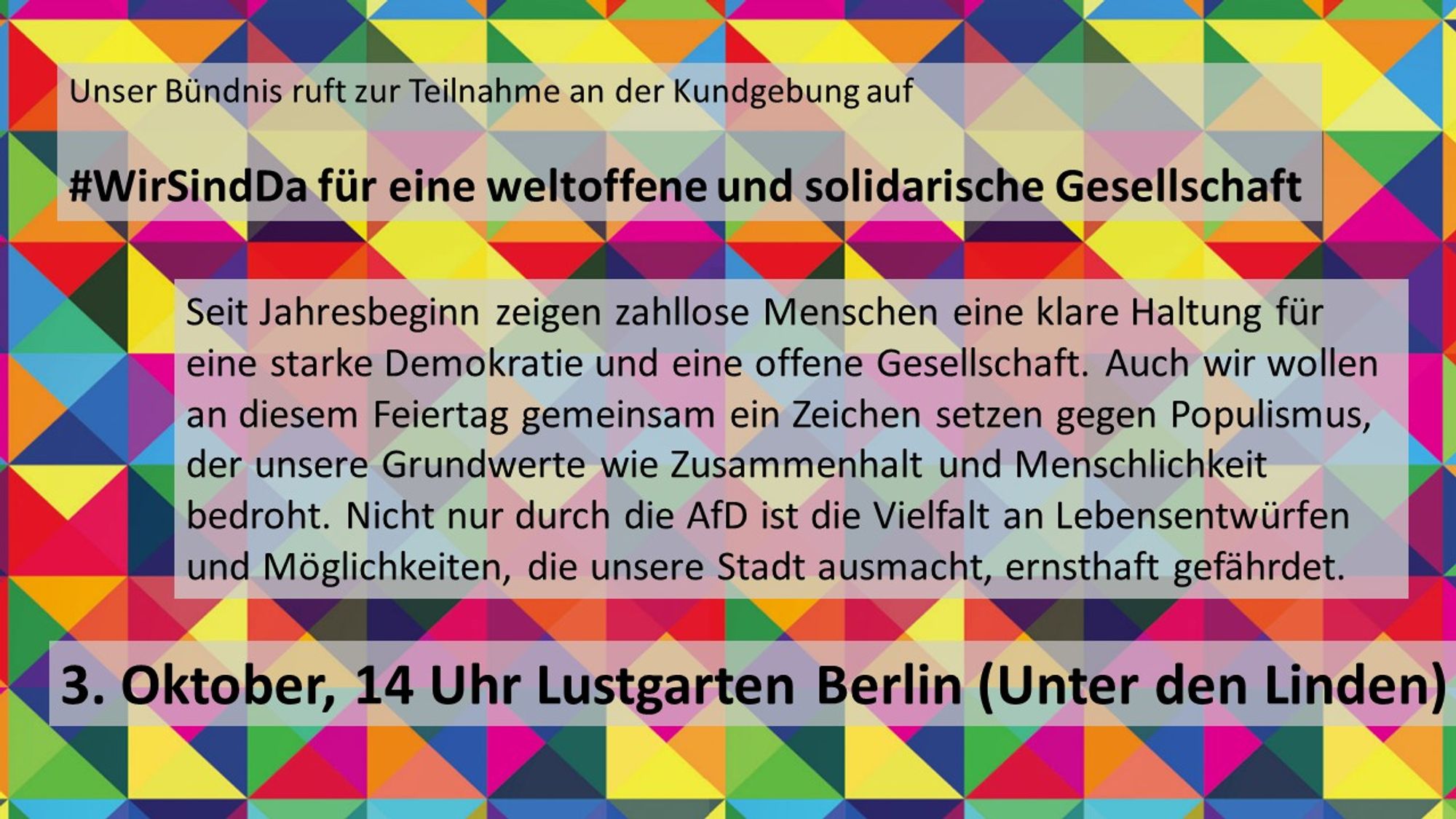 Sharepic Kundgebung am Lustgarten am 3.10. 14 Uhr: Für eine weltoffene und solidarische Gesellschaft