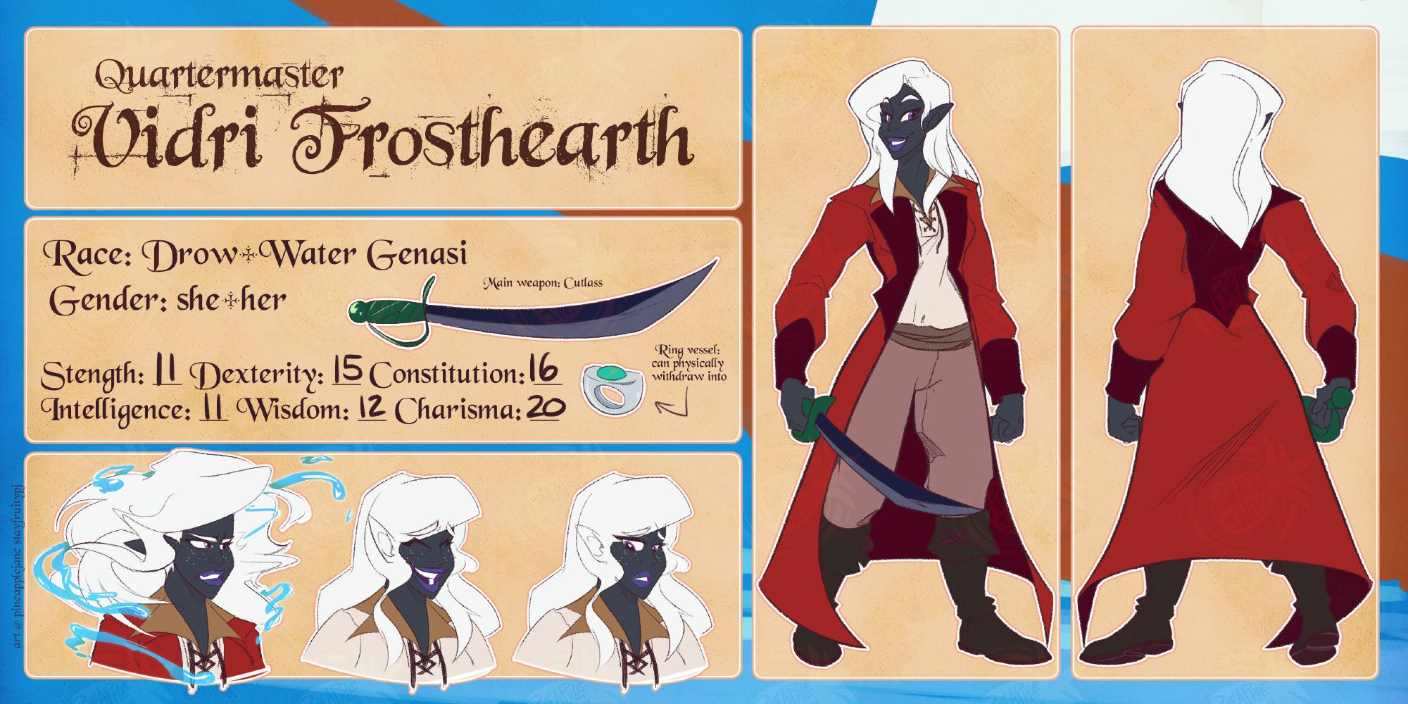 Gwen's DND character Vidri Frosthearth! A drow-water genasi who's a quartermaster on the high seas.