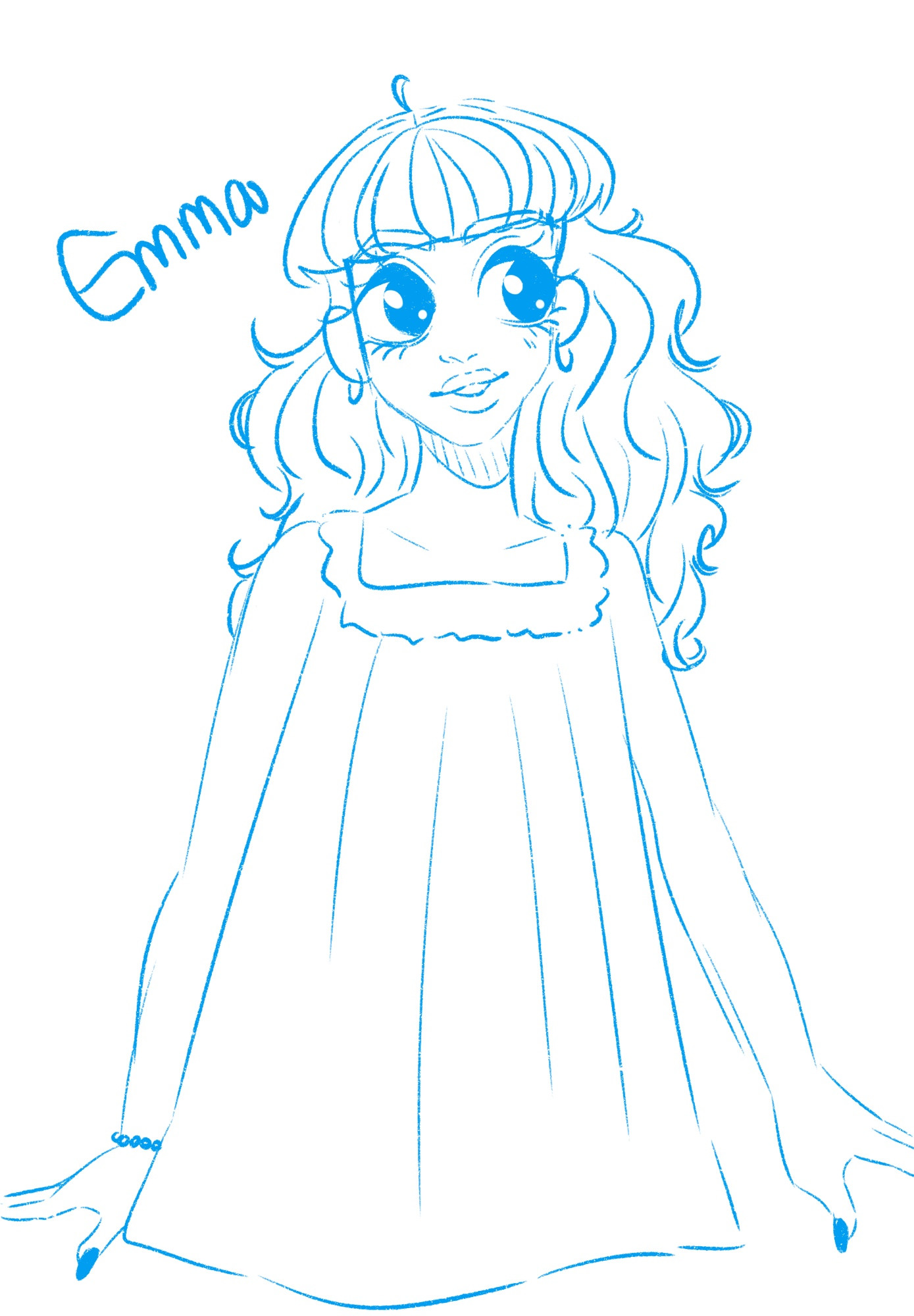 soft cute anime girl with curly hair in a babydoll style sack dress. its a sketch only and its in blue.