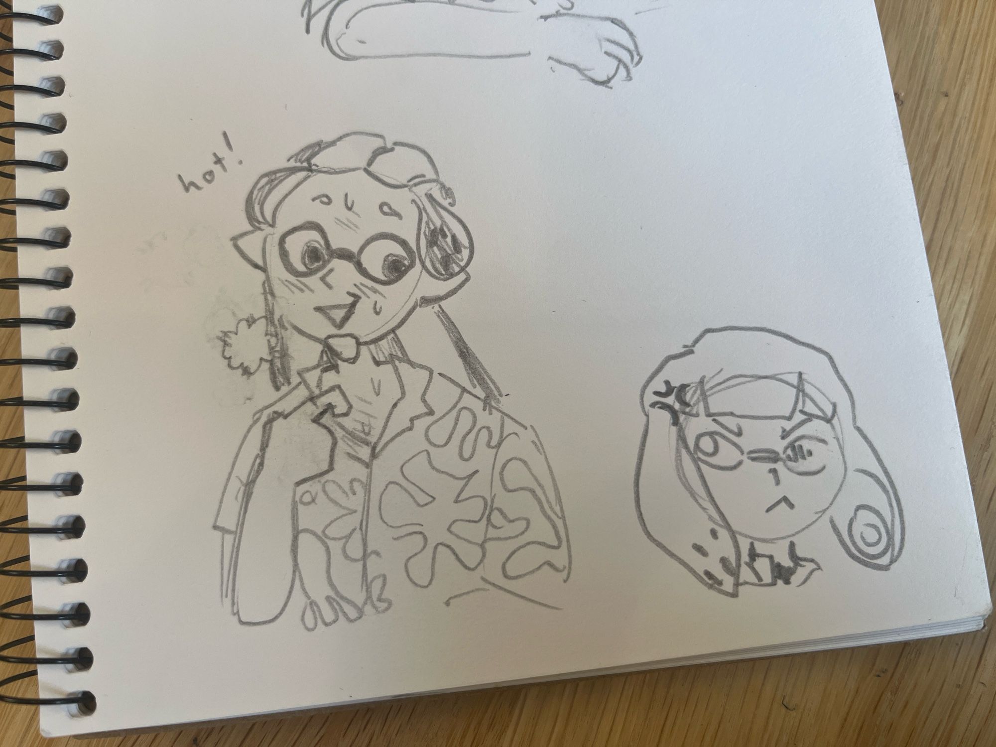 Middle-aged inkling flustered and pulling on his collar, schoolgirl outfit inkling giving him the stink-eye