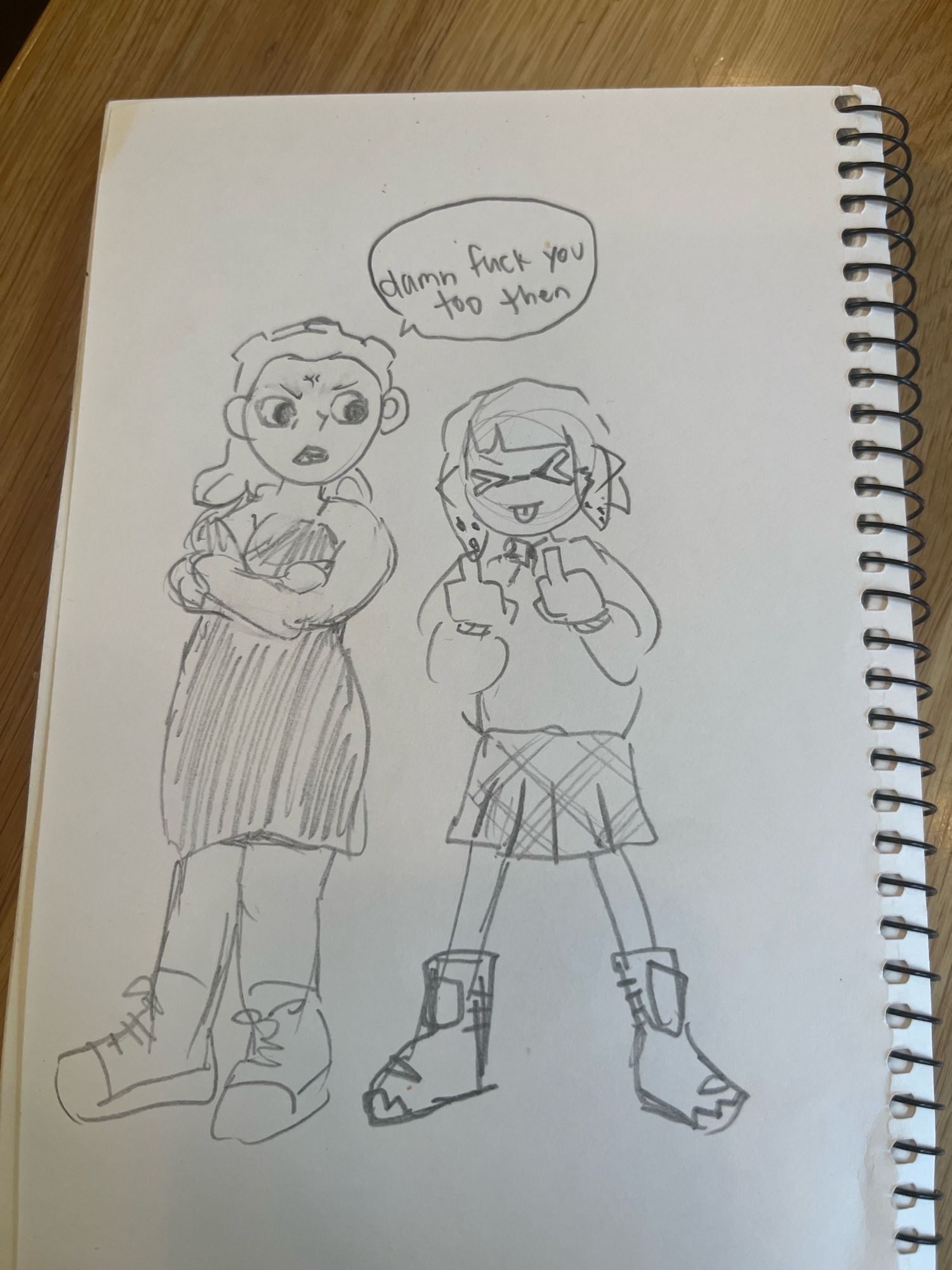 Middle-aged octoling and schoolgirl inkling. Schoolgirl inkling is flipping off the octoling, the octoling looks upset and says “damn fuck you too then”