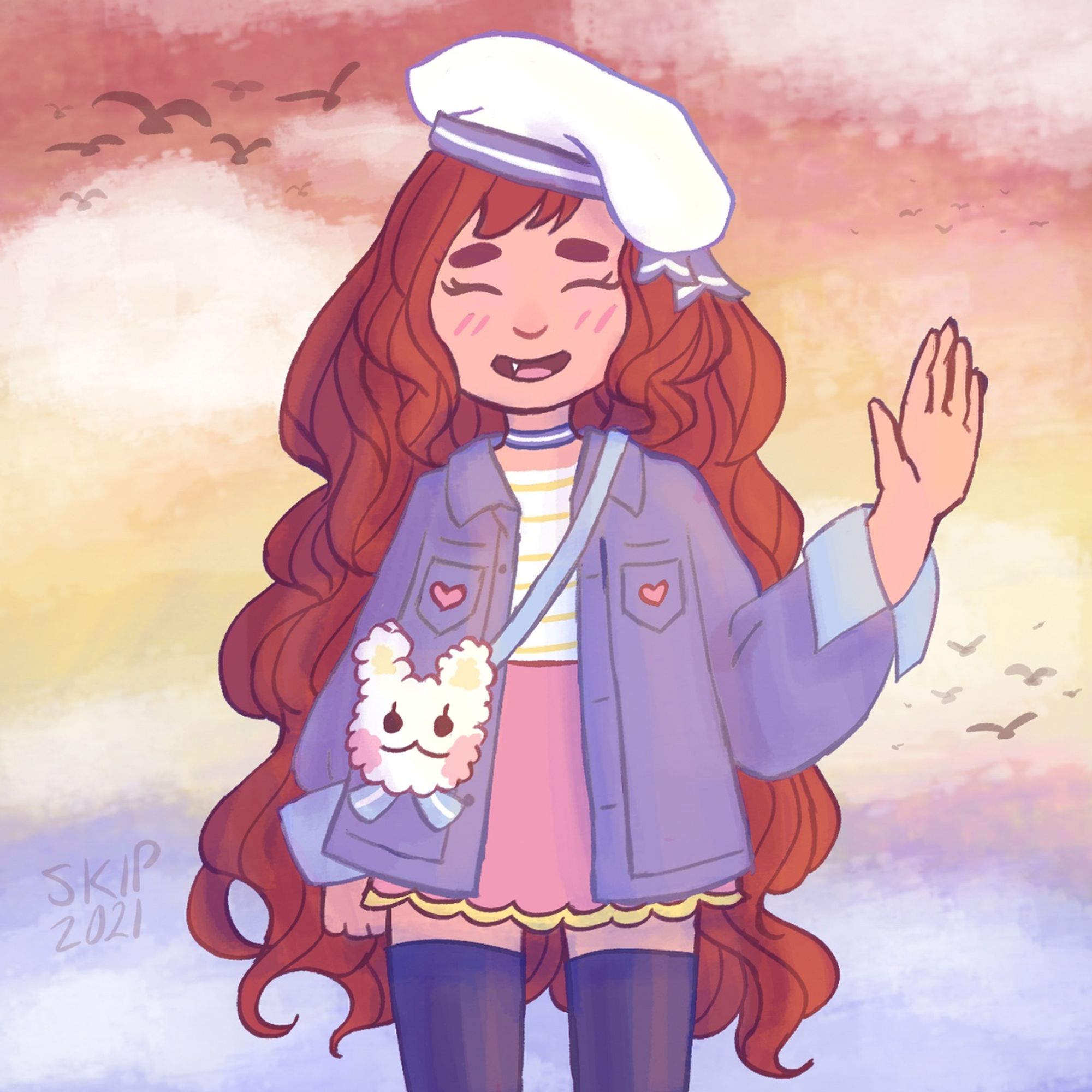 A young woman is waving at the viewer with a smile on her face. She has a pastel sailor inspired outfit and is standing in front of a colorful pastel sky.