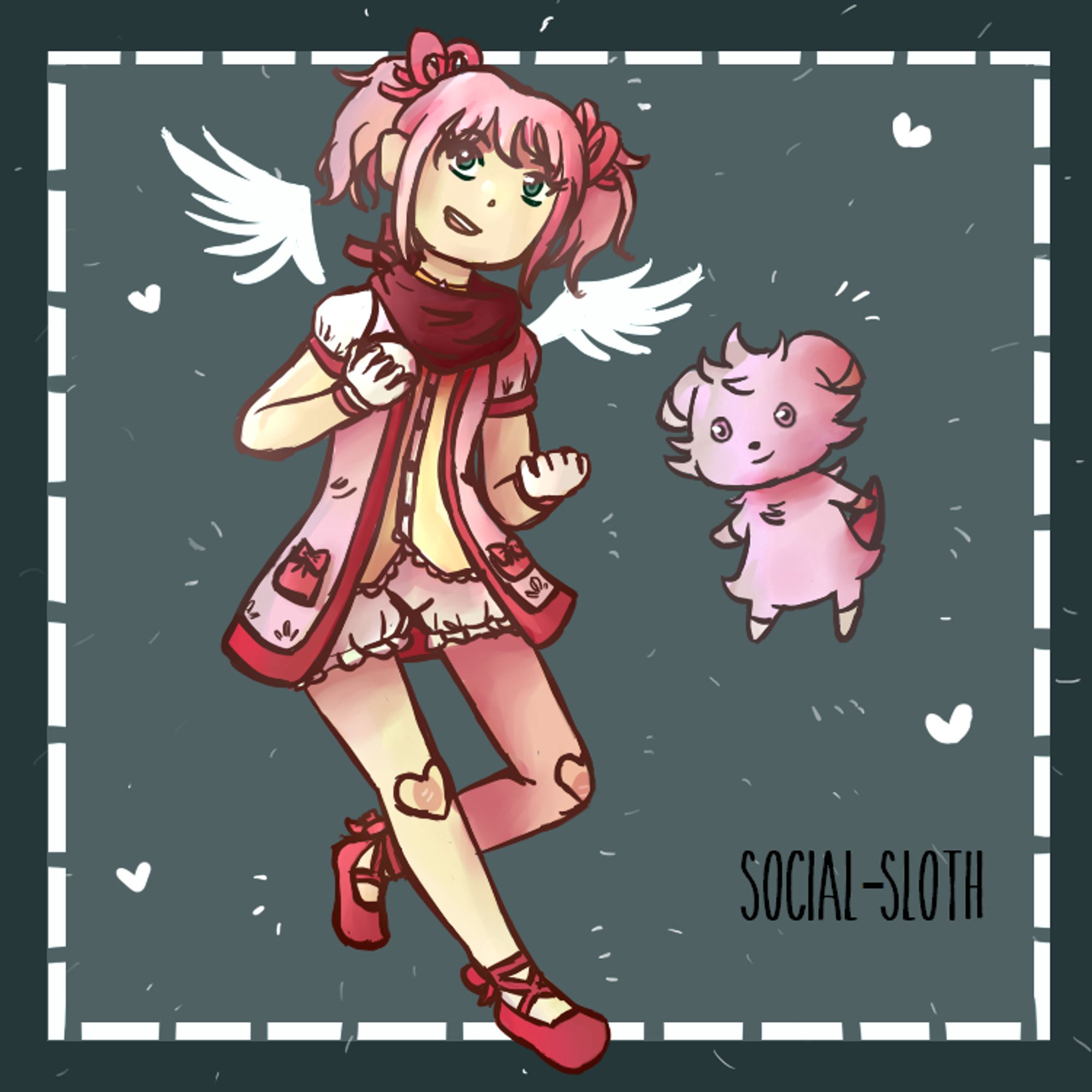 A drawing of Madoka from Madoka Magica wearing an alternate casual version of her magical girl dress. Beside her is an espurr, a cat pokemon.