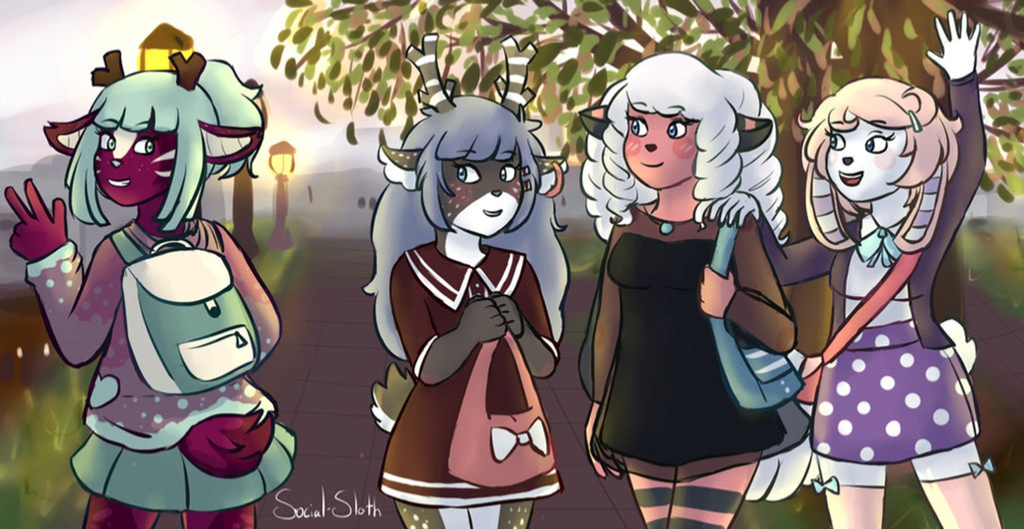 4 female anthro characters are standing on a sidewalk at dusk. One deer girl is walking away from the group and throwing a peace sign while the others look at her. A rabbit girl is waving goodbye.