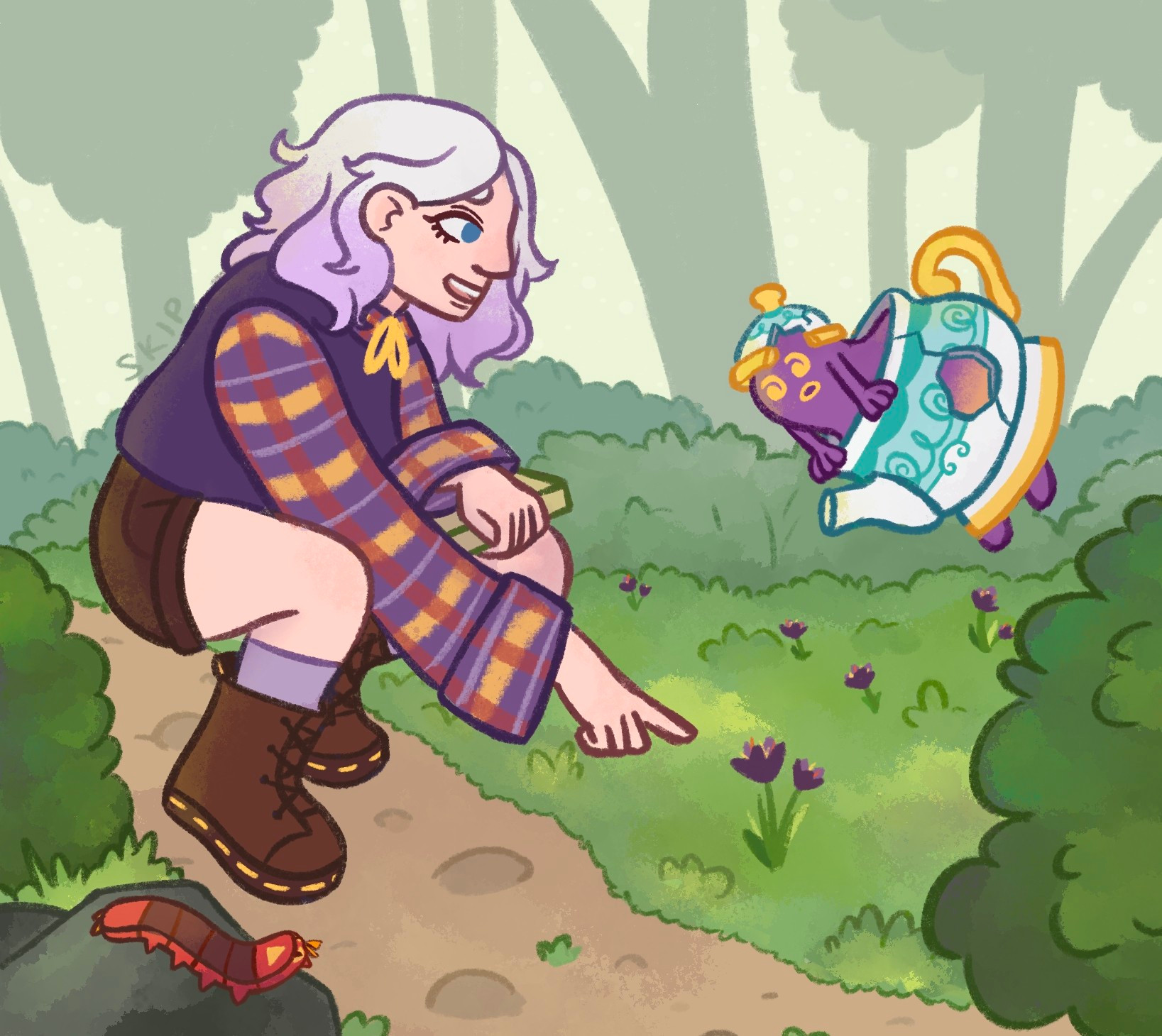 A digital illustration of a young woman who is crouched down on a forest path. She's pointing to a flower and speaking to a floating ghost in a teapot. The ghost is looking at the flower inquisitively. A pokemon resembling a centipede is curiously watching the interaction from a nearby rock.