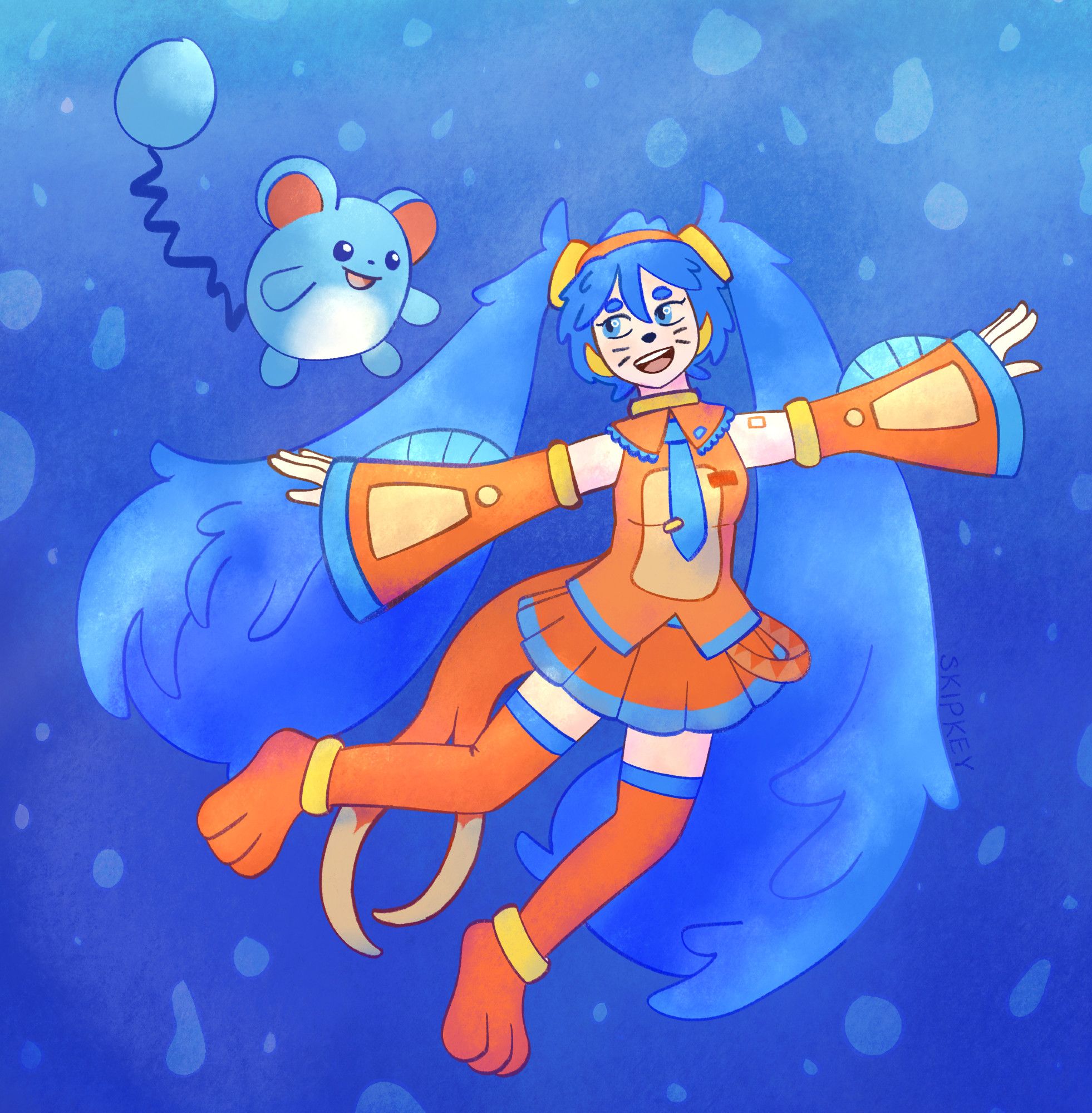 A finished art piece of a young woman floating underwater with a pokemon called marill. She's surrounded by bubbles.