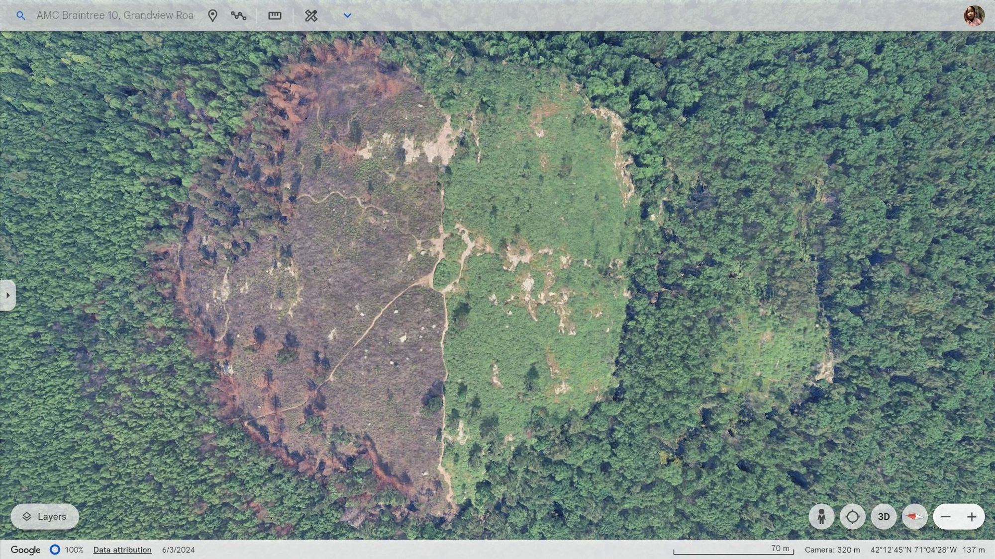 Google Earth imagery of Buck Hill from June 3rd, 2024.

This photo is quite remarkable in that it clearly shows the remnants of the Buck Hill fire that occurred on April 27th, 2024, about five weeks prior. North is to the left. I orientated the image such that The Skyline Trail runs from top to bottom. One can clearly see that the fire devastated the north side of the hill. It seems to have burned right up to the Skyline trail and then somehow stopped. Did this happen because firefighting crews were able to get up that trail and establish a barrier? Or was it simply a case where the fire could not jump the trail, which is fairly wide? This photo also shows how lightly forested the top of Buck Hill actually is.

#GoogleEarth #buckhill #buckhillfire #bluehills #bluehillsfire #bluehillsreservation #boston #BostonMA #MiltonMA #RandolphMA #QuincyMA