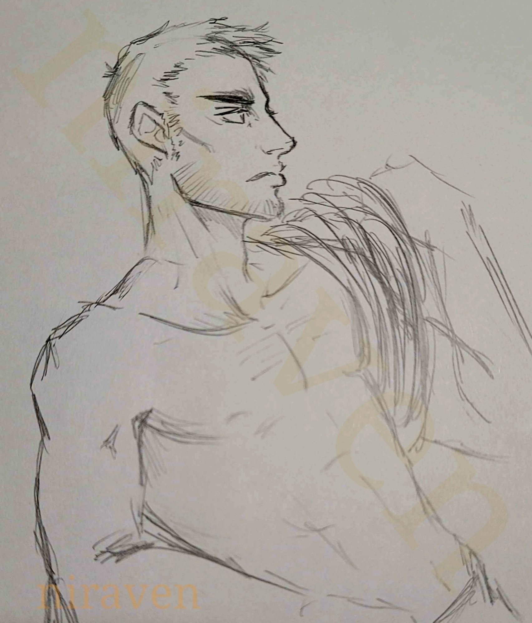 A sketch of Liam, a serious-looking bear of a man with short cropped hair and a rather nice chest, holding a coil of rope around one arm.