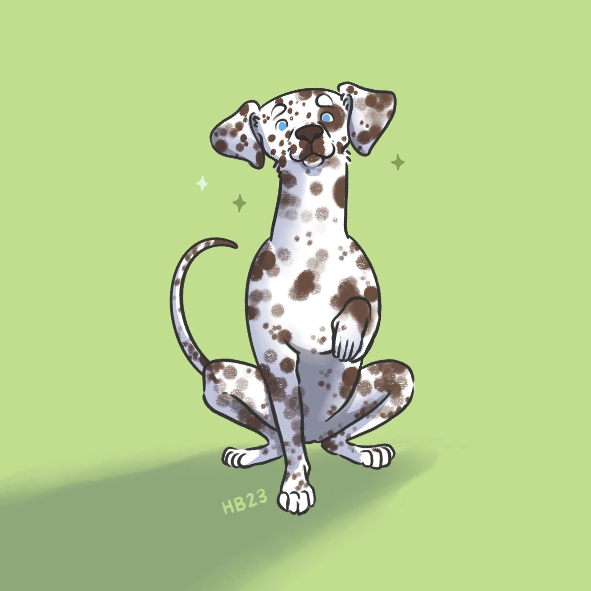 Illustration of a brown spotted Dalmatian with on paw up, looking very cute!